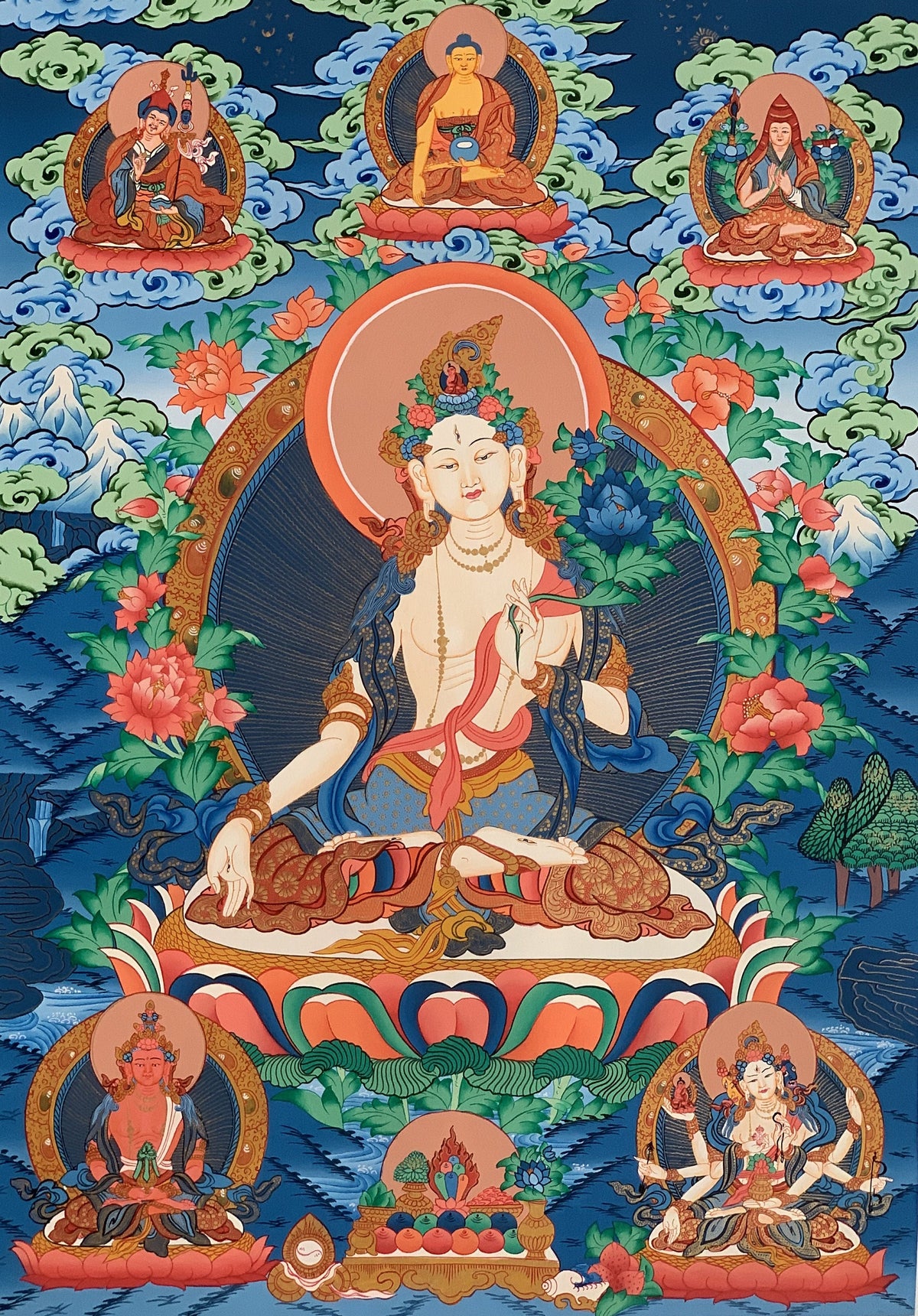 White Tara Thangka Painting, Mother Goddess Art, Hand-Painted Canvas