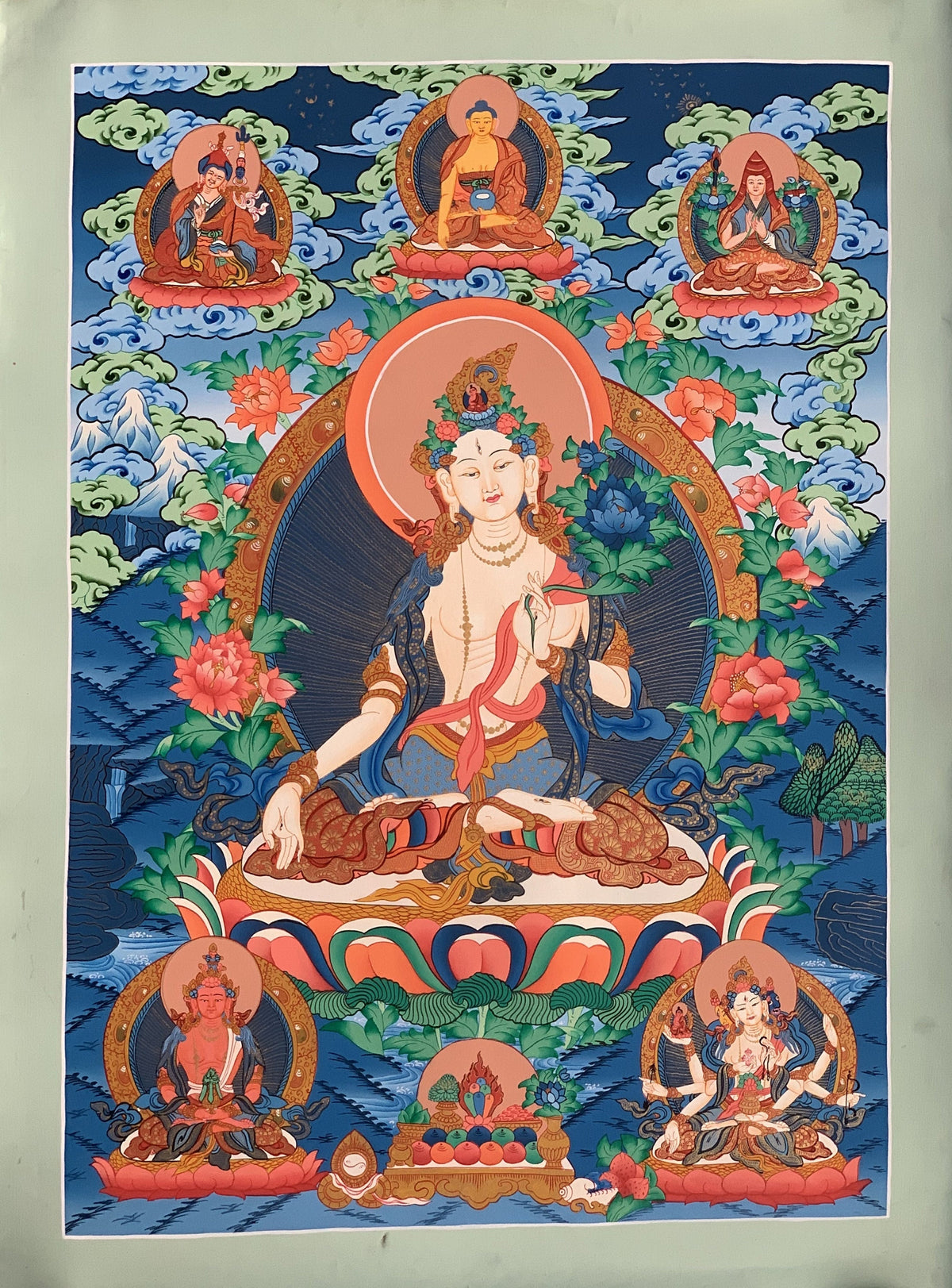 White Tara Thangka Painting, Mother Goddess Art, Hand-Painted Canvas