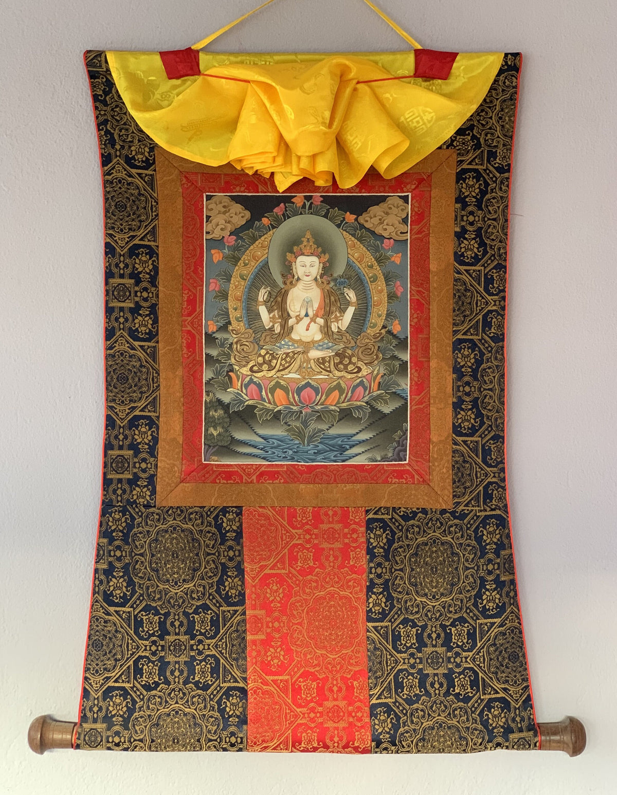 Hand-Painted Chenrezig Thangka Painting with Silk Border