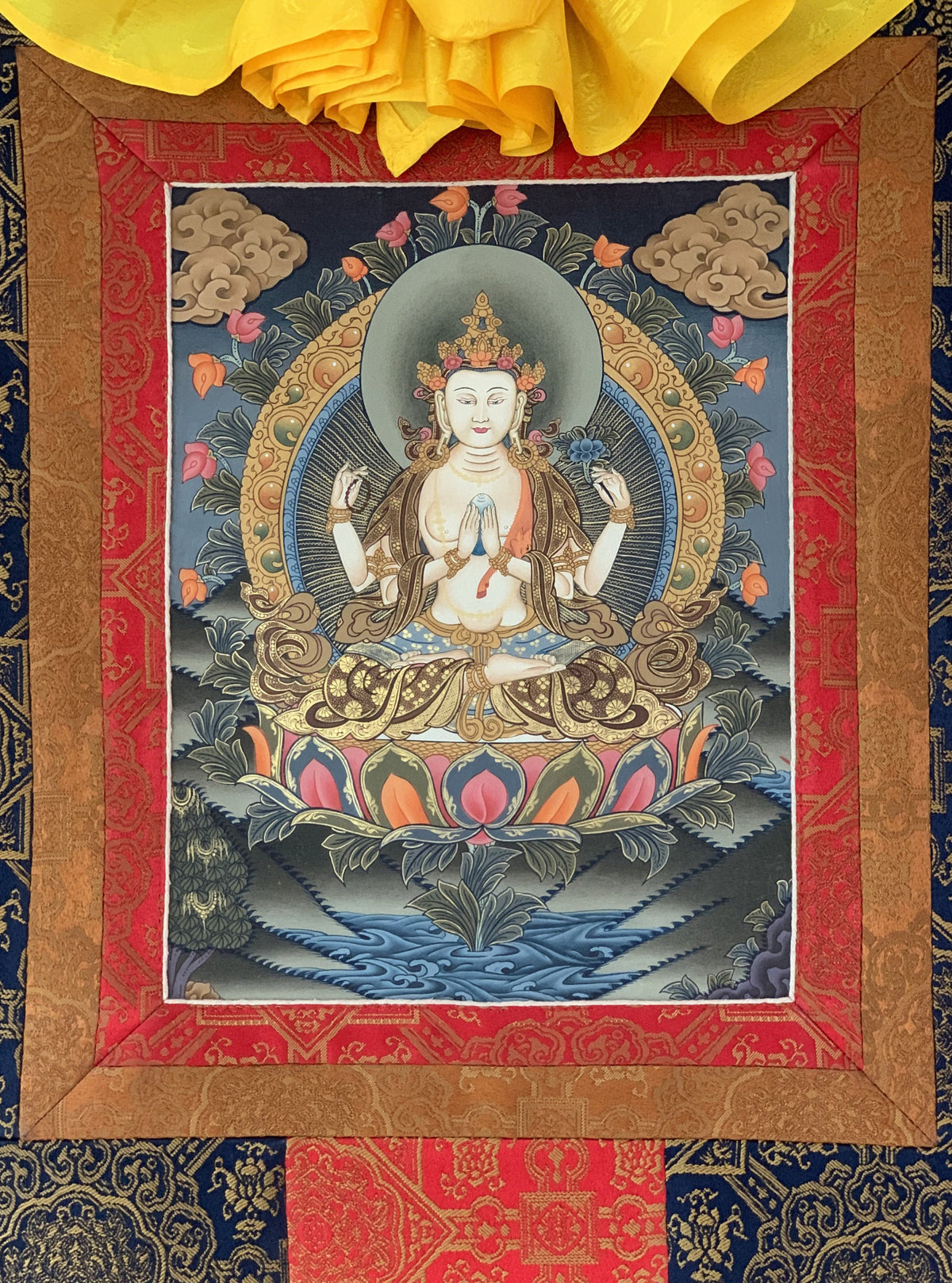 Hand-Painted Chenrezig Thangka Painting with Silk Border