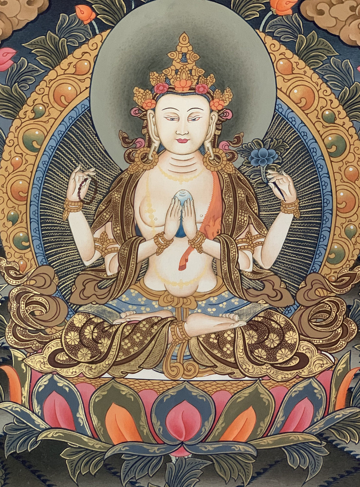Hand-Painted Chenrezig Thangka Painting with Silk Border