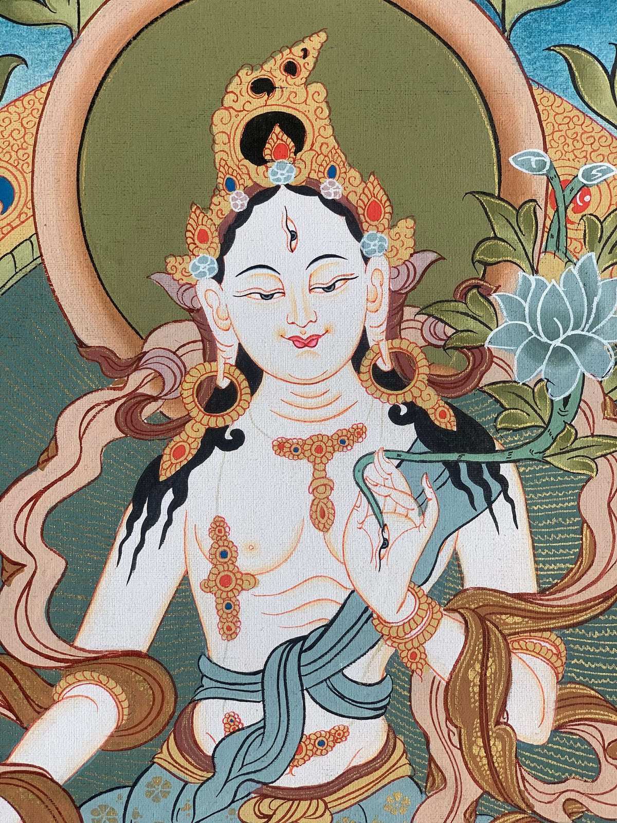 White Tara Thangka with Silk Brocade | Hand-Painted Tibetan Goddess of Compassion Art