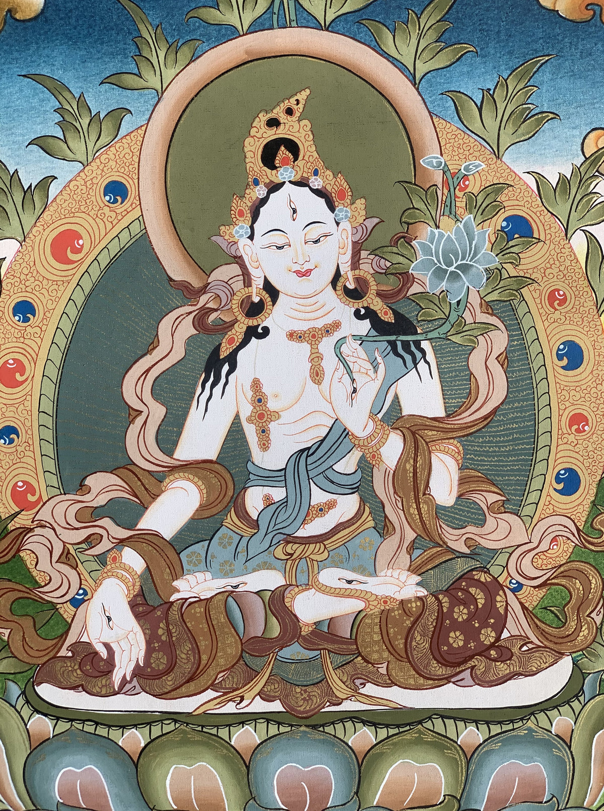 White Tara Thangka with Silk Brocade | Hand-Painted Tibetan Goddess of Compassion Art