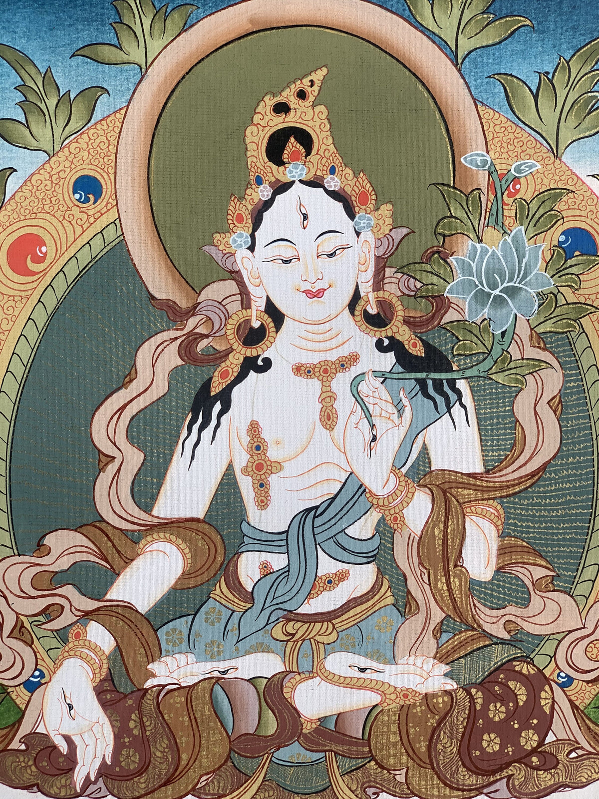 White Tara Thangka with Silk Brocade | Hand-Painted Tibetan Goddess of Compassion Art