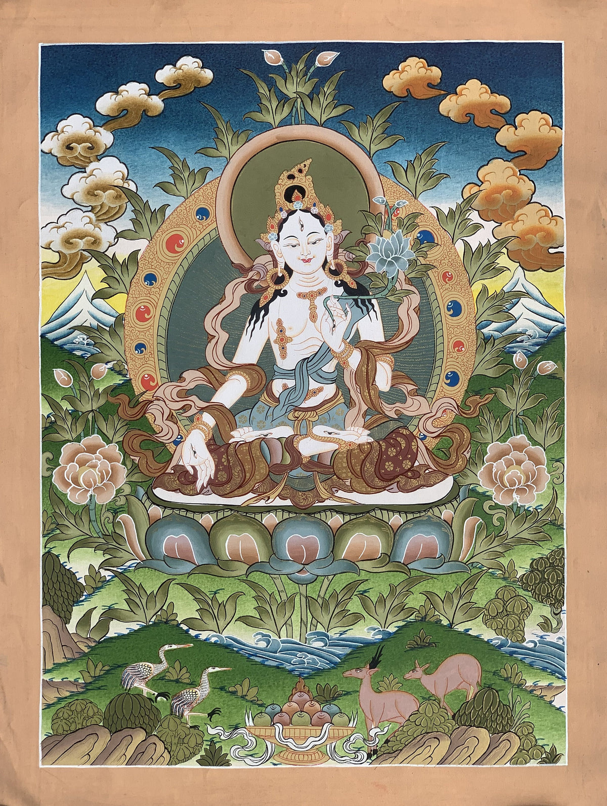 White Tara Thangka with Silk Brocade | Hand-Painted Tibetan Goddess of Compassion Art