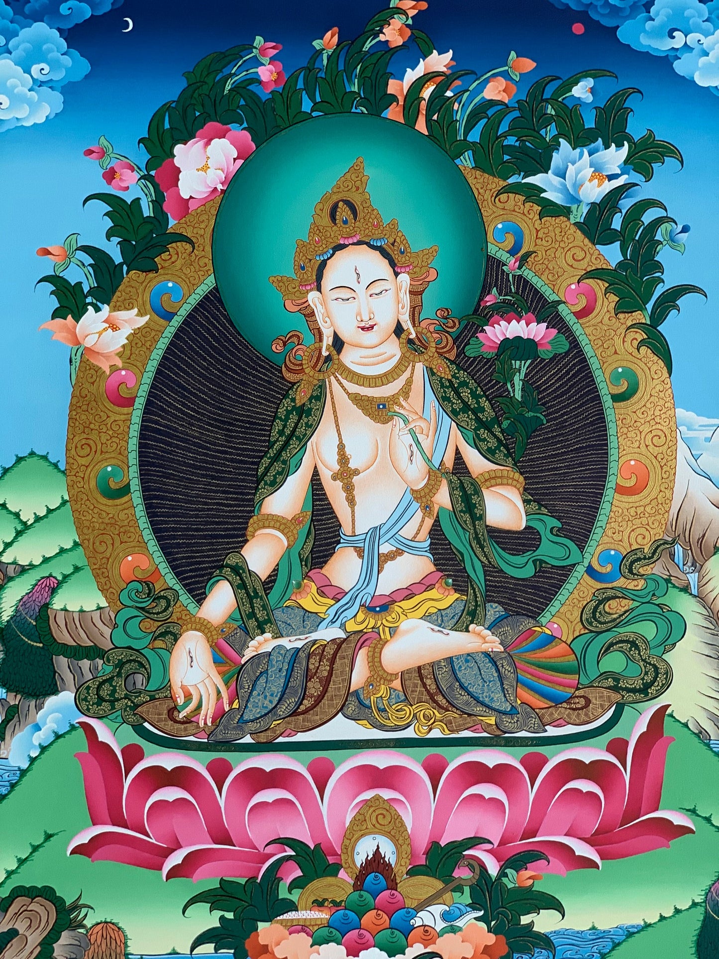 Hand-Painted White Tara Thangka Painting, 24K Gold Tibetan Art