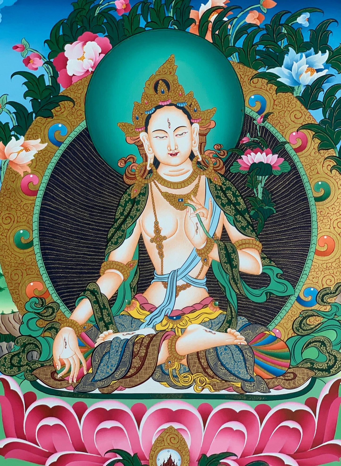 Hand-Painted White Tara Thangka Painting, 24K Gold Tibetan Art