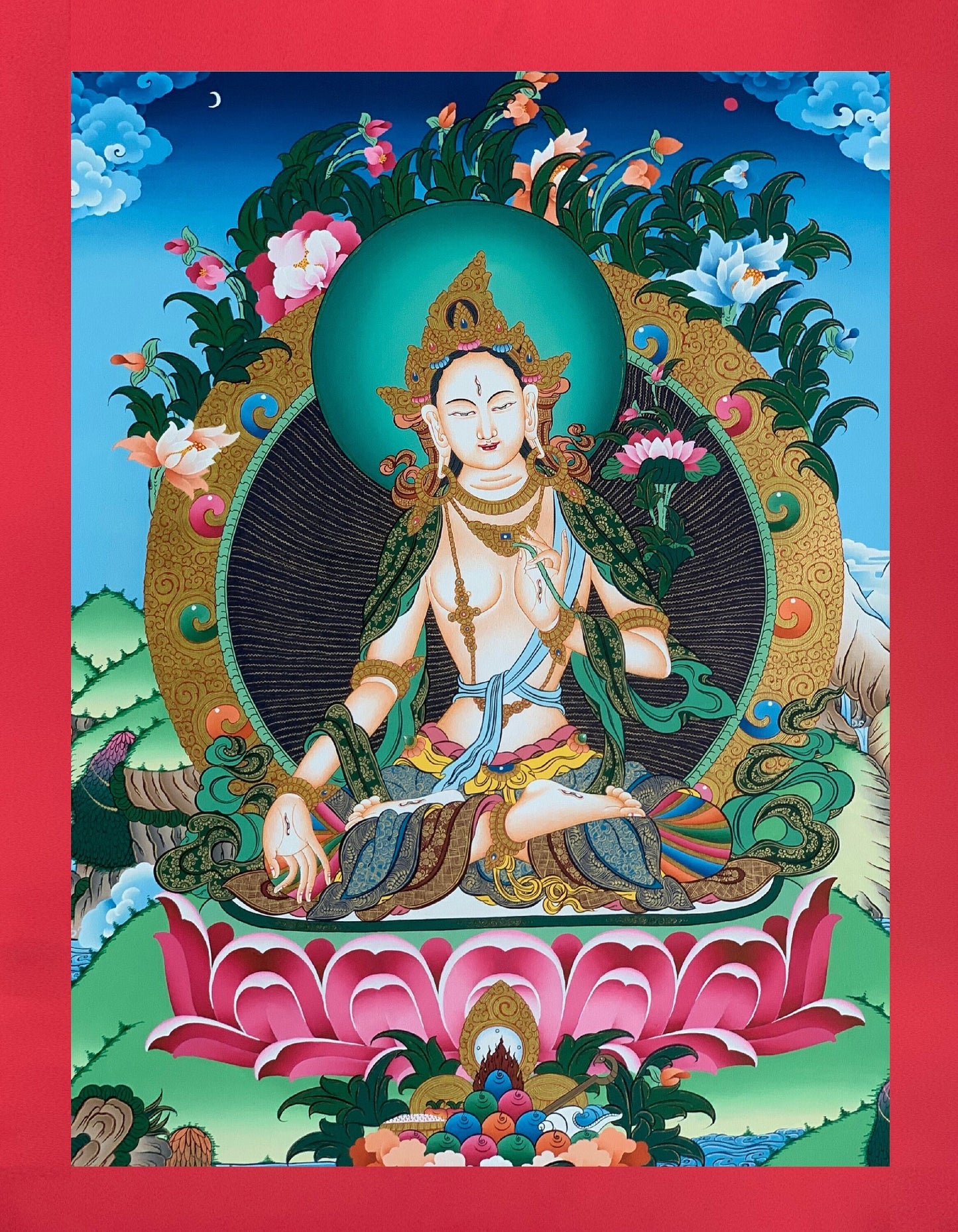 Hand-Painted White Tara Thangka Painting, 24K Gold Tibetan Art