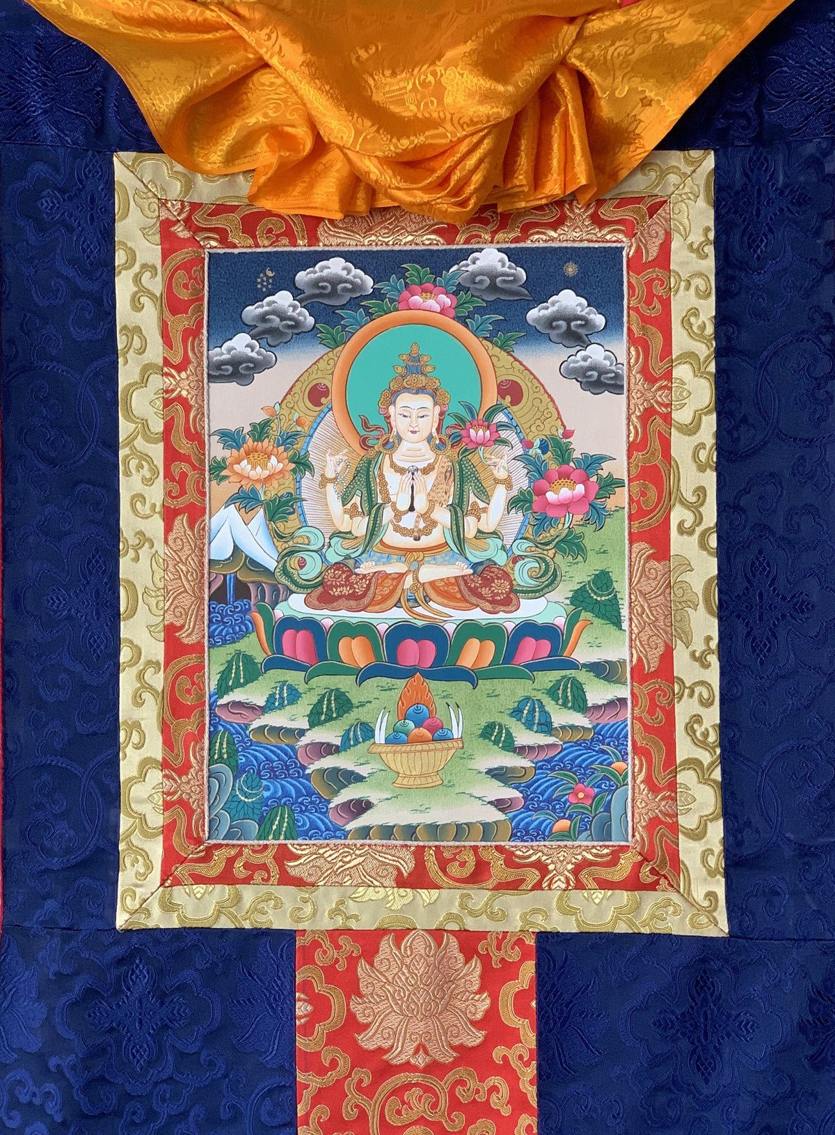 Hand Painted Avalokiteshvara Thangka, Tibetan Meditation Art with Silk Brocade