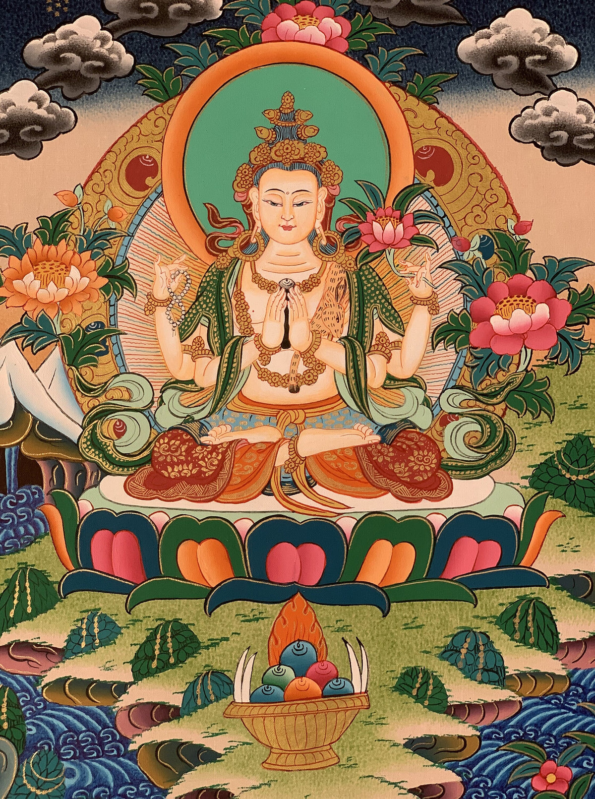 Hand Painted Avalokiteshvara Thangka, Tibetan Meditation Art with Silk Brocade