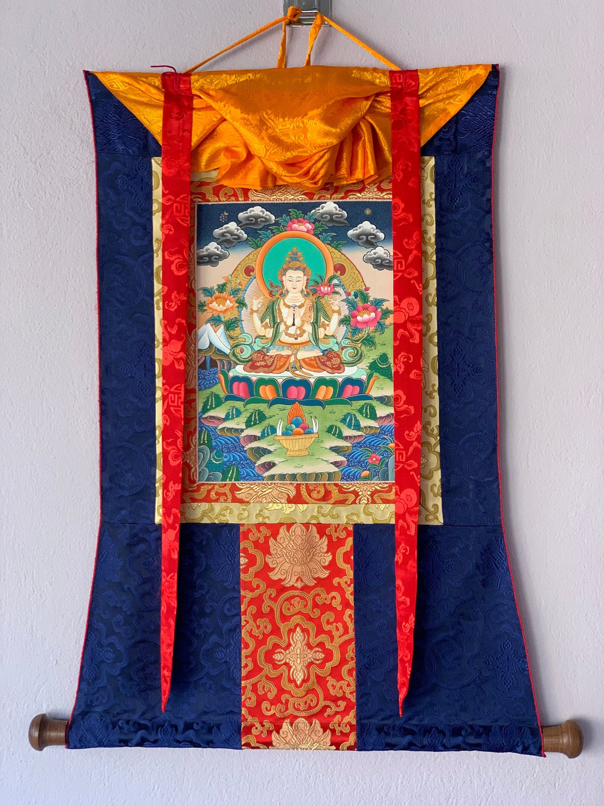 Hand Painted Avalokiteshvara Thangka, Tibetan Meditation Art with Silk Brocade