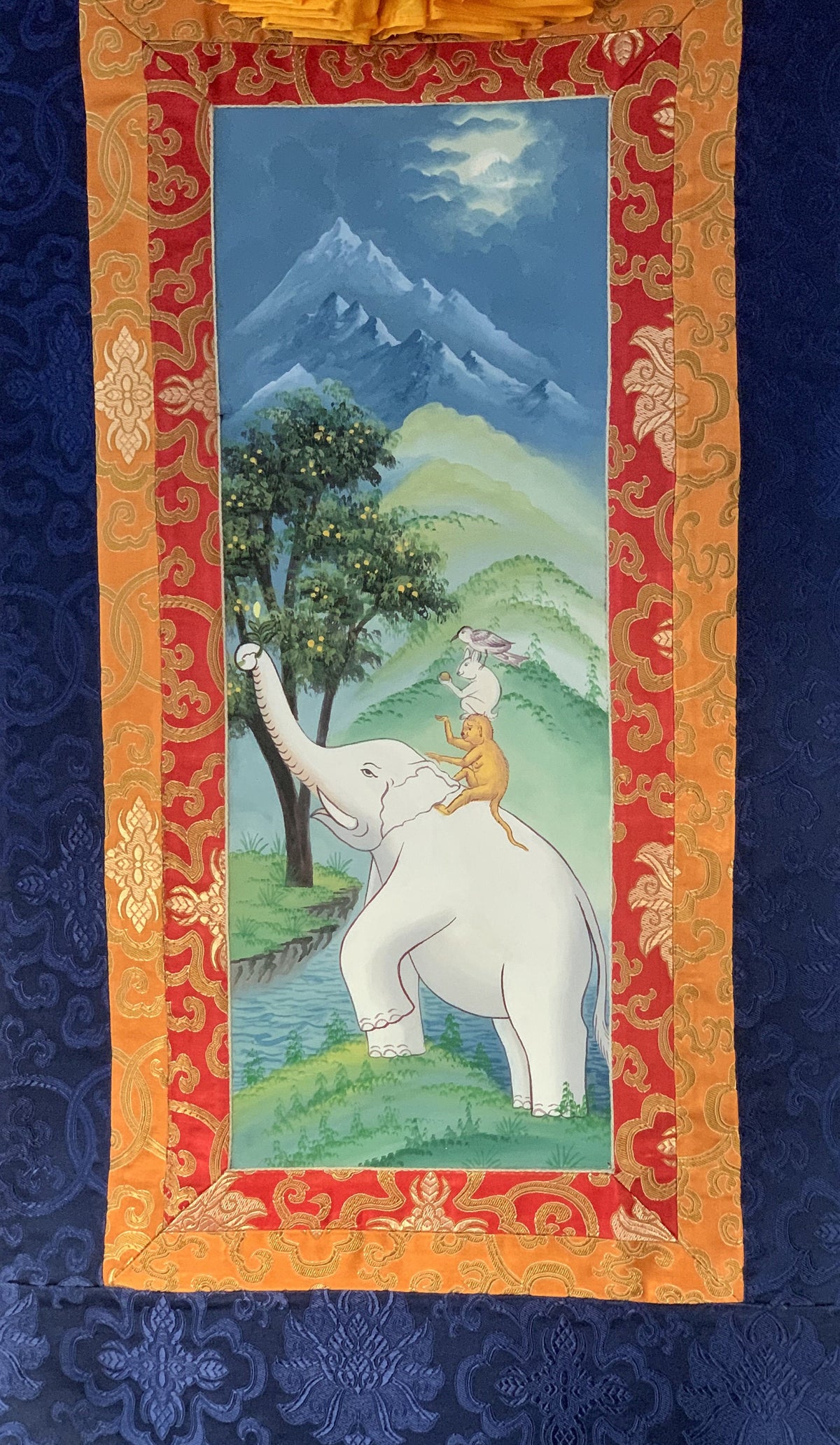 Newari Paubha Thangka Painting, Four Harmonious Friends, Silk Border