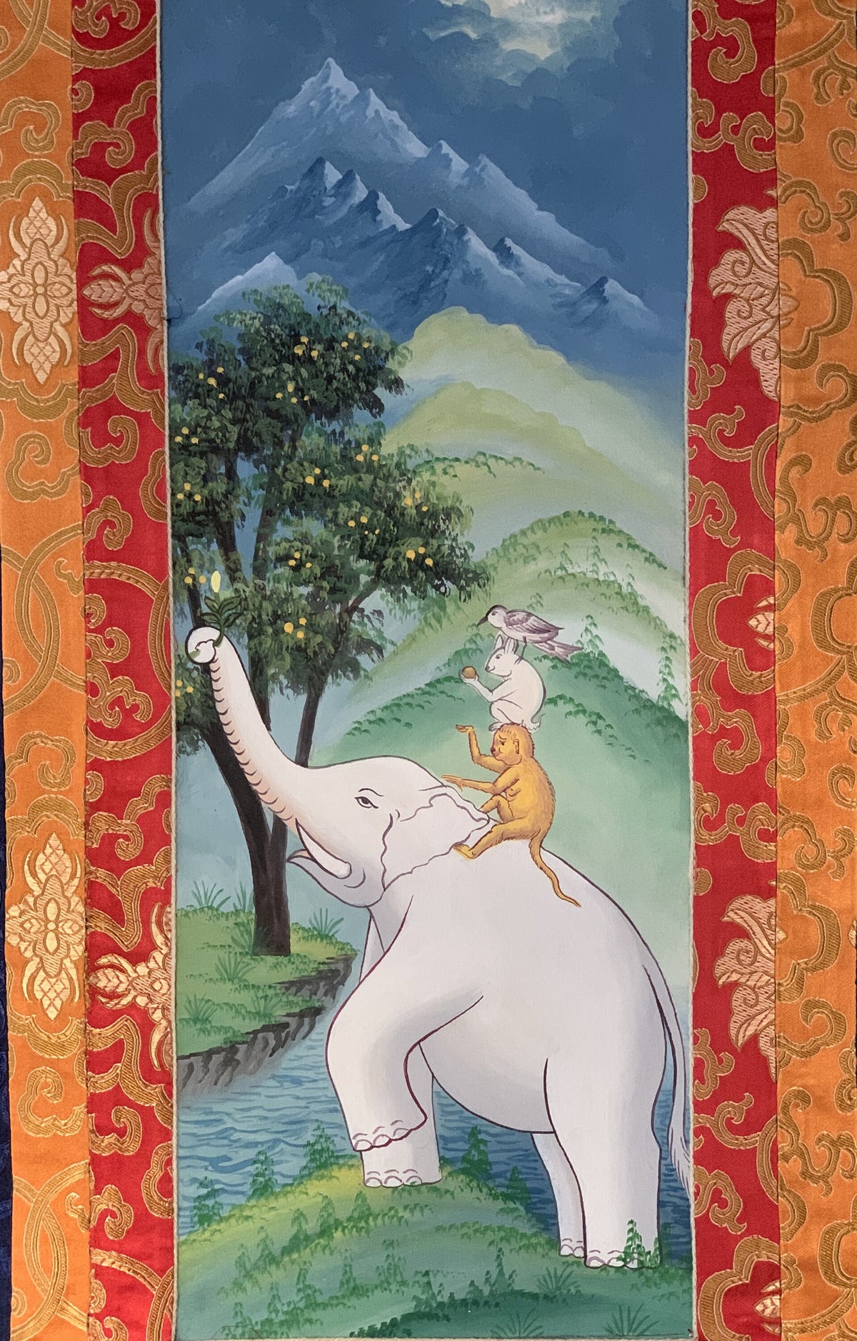 Newari Paubha Thangka Painting, Four Harmonious Friends, Silk Border