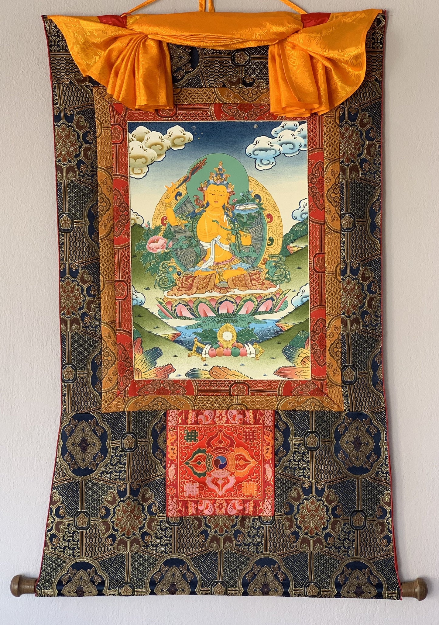 Hand-Painted Manjushree Thangka | Tibetan Buddhist Art with Silk Brocade