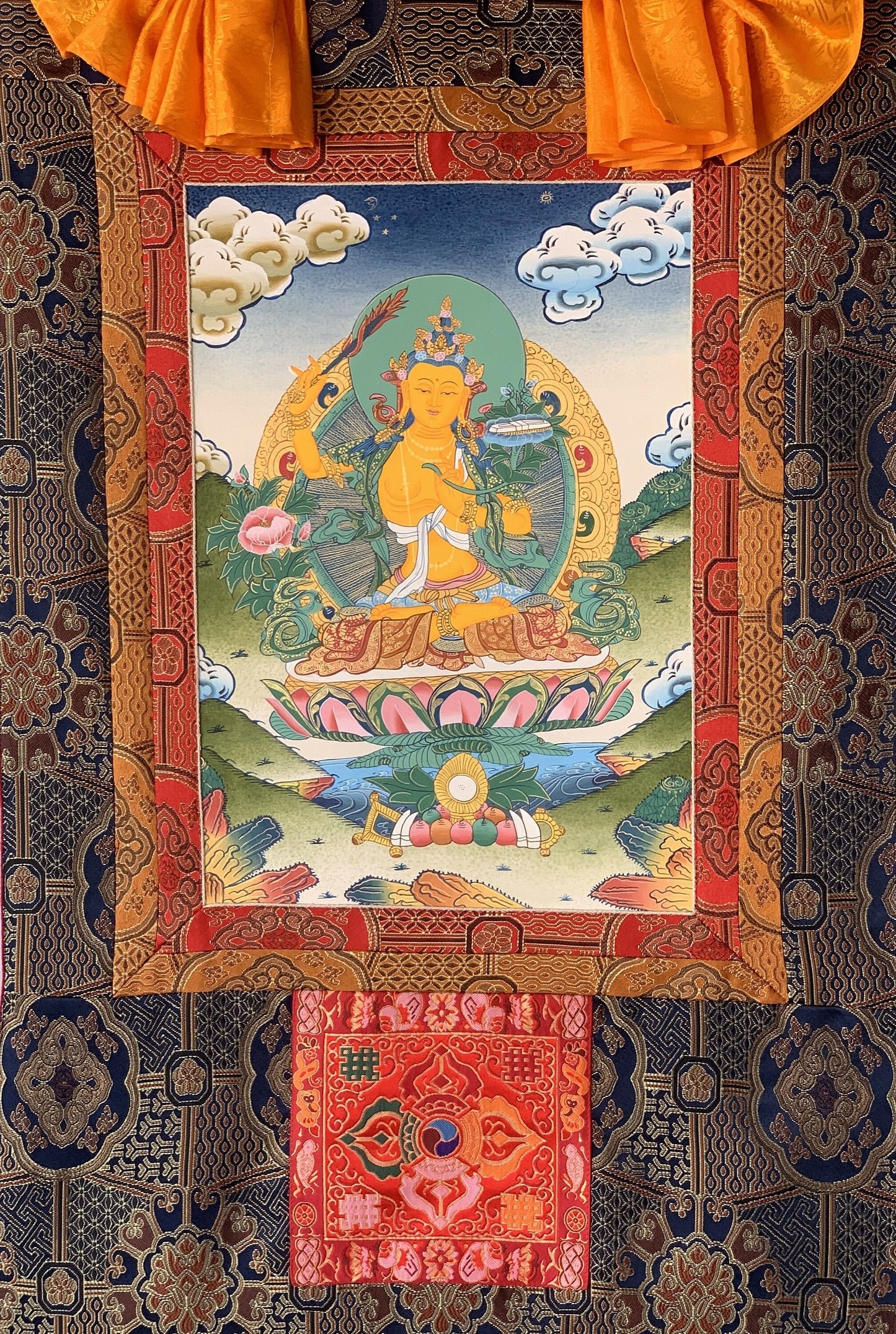 Hand-Painted Manjushree Thangka | Tibetan Buddhist Art with Silk Brocade