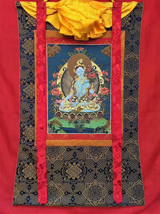 White Tara Thangka Painting, Hand Painted Tibetan Art with Silk Frame