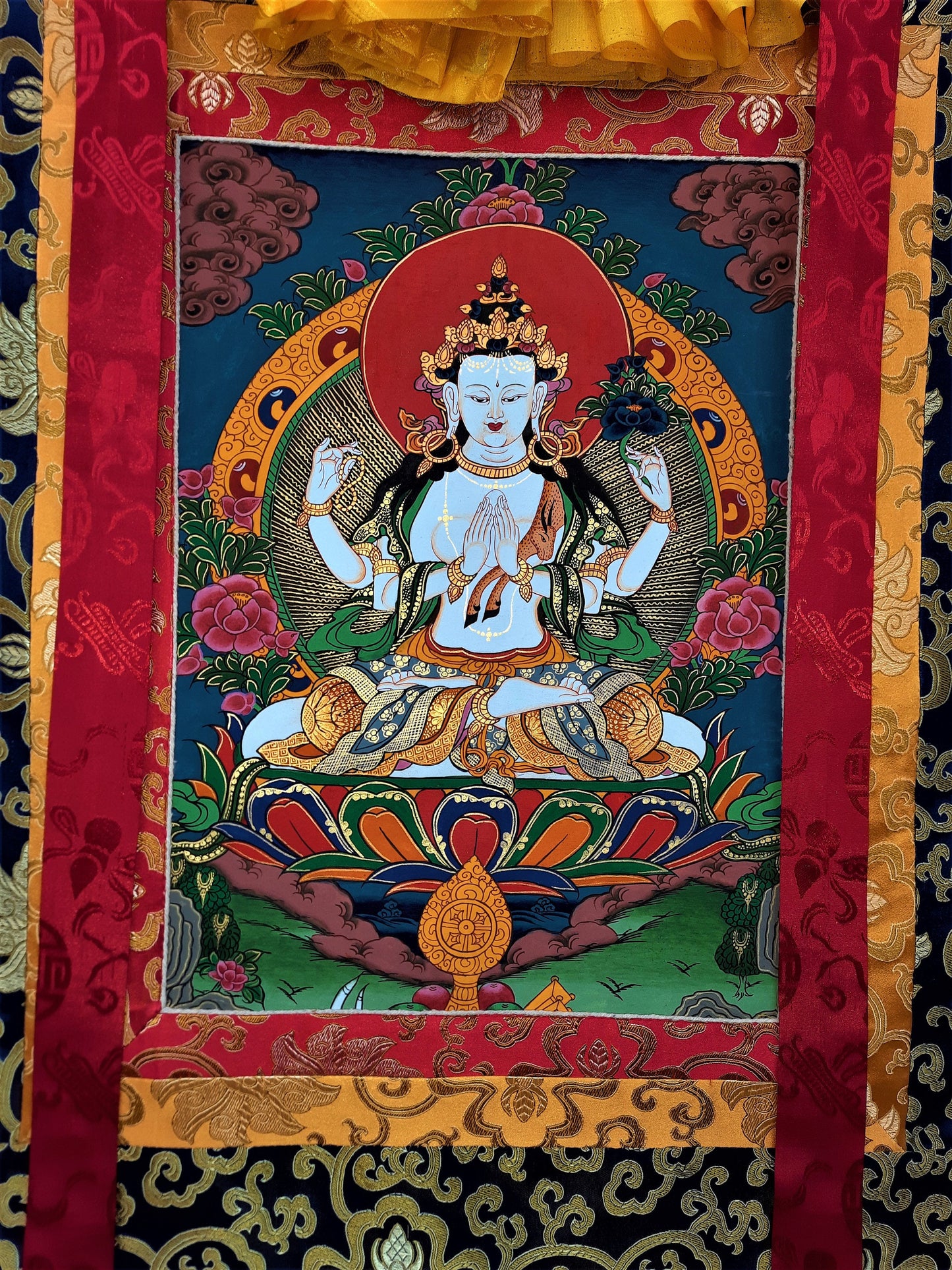 Hand-Painted Chenrezig Thangka: Compassion Buddha, Tibetan Wall Hanging