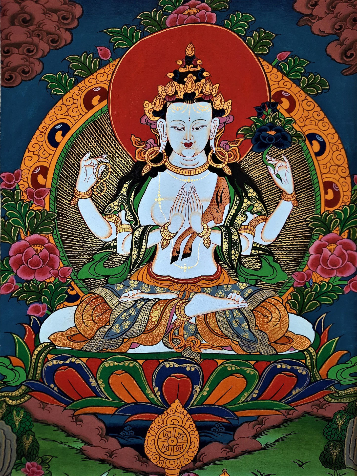 Hand-Painted Chenrezig Thangka: Compassion Buddha, Tibetan Wall Hanging