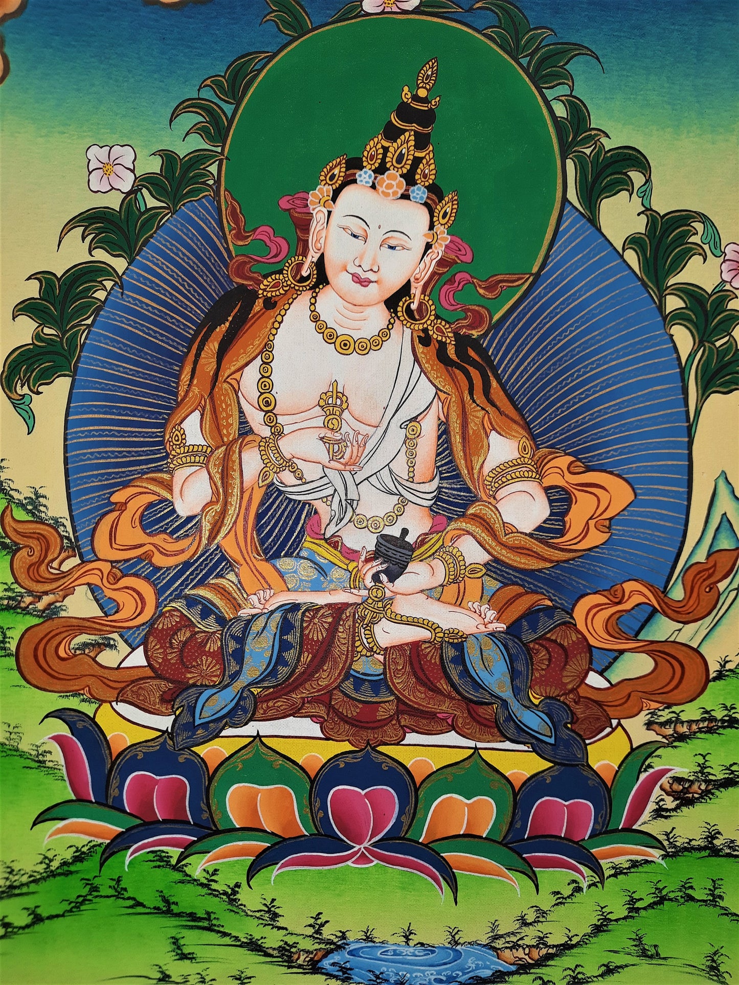 24K Gold Vajrasattva Thangka Painting, Meditation Art with Silk Frame