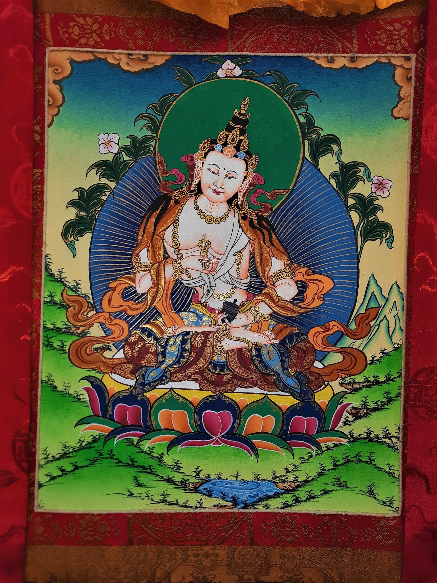 24K Gold Vajrasattva Thangka Painting, Meditation Art with Silk Frame