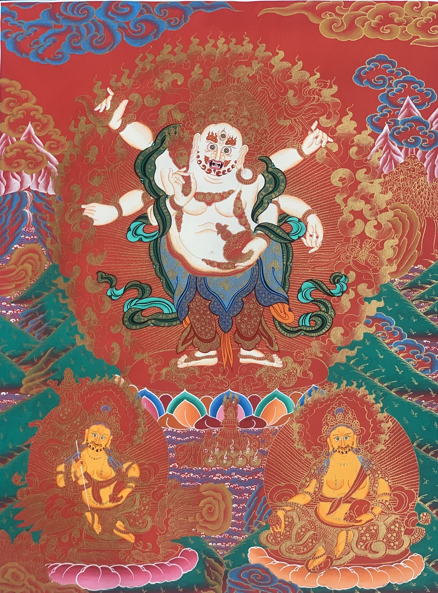 White Mahakala Thangka Painting - Six-Armed Tibetan Art from Nepal