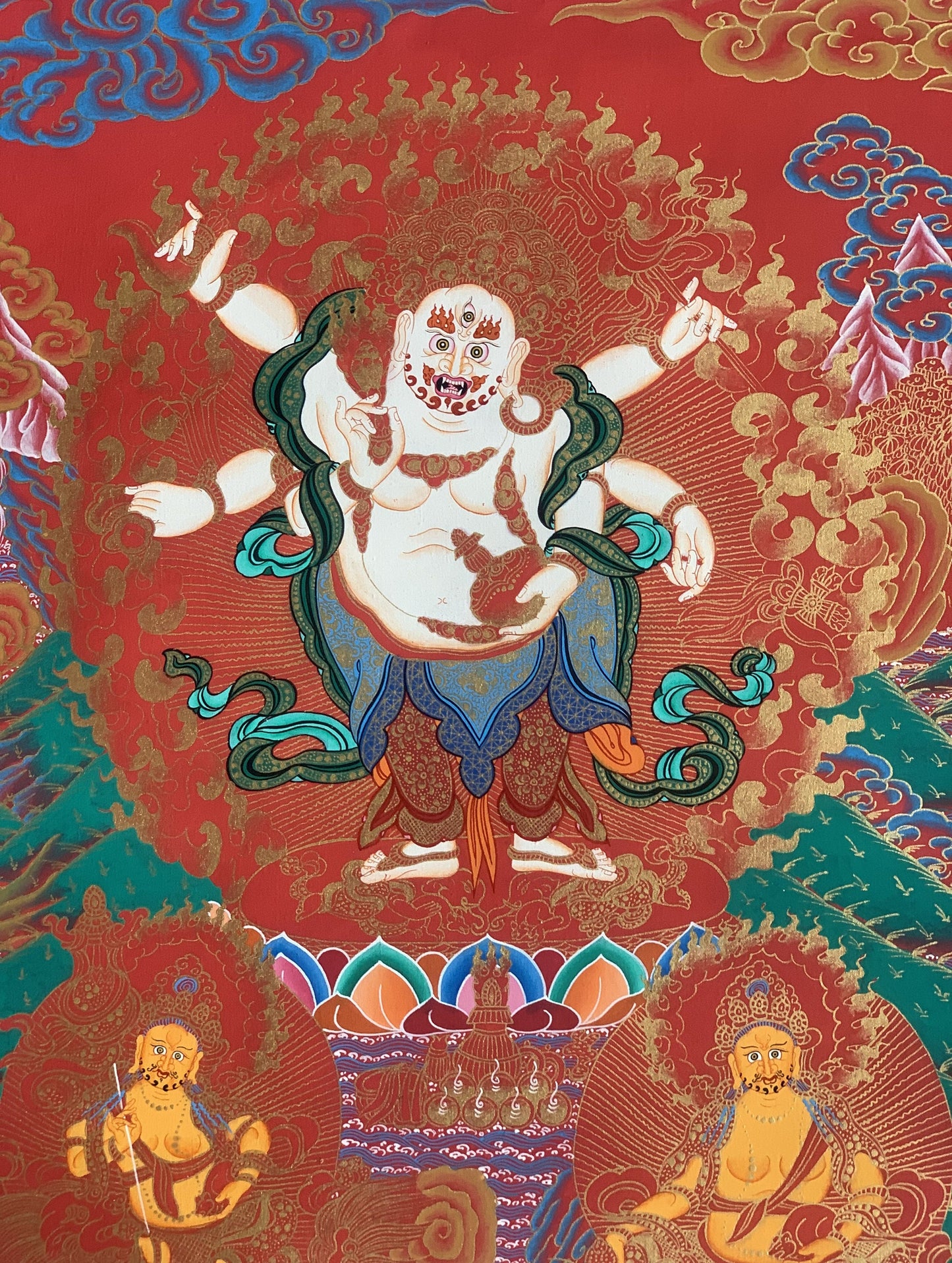White Mahakala Thangka Painting - Six-Armed Tibetan Art from Nepal