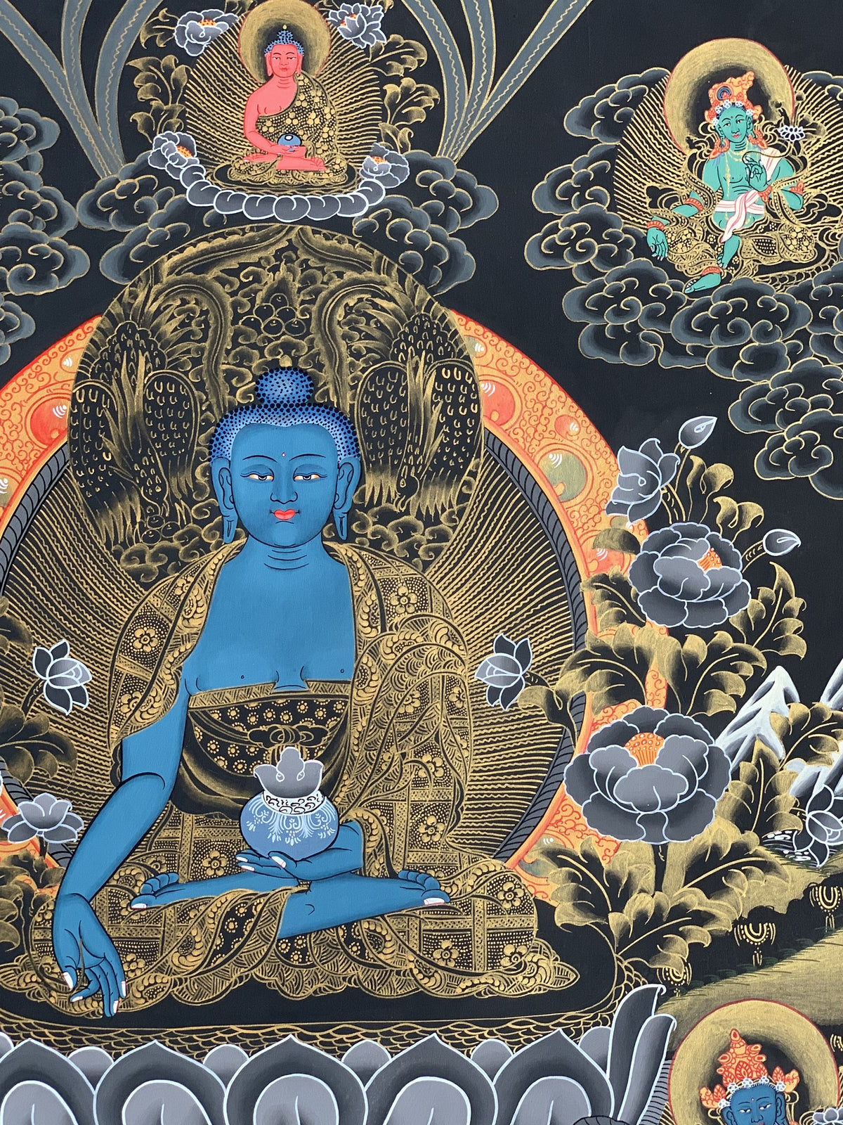 Medicine Buddha Thangka Painting, Master Quality Tibetan Art (21x27 Inches)