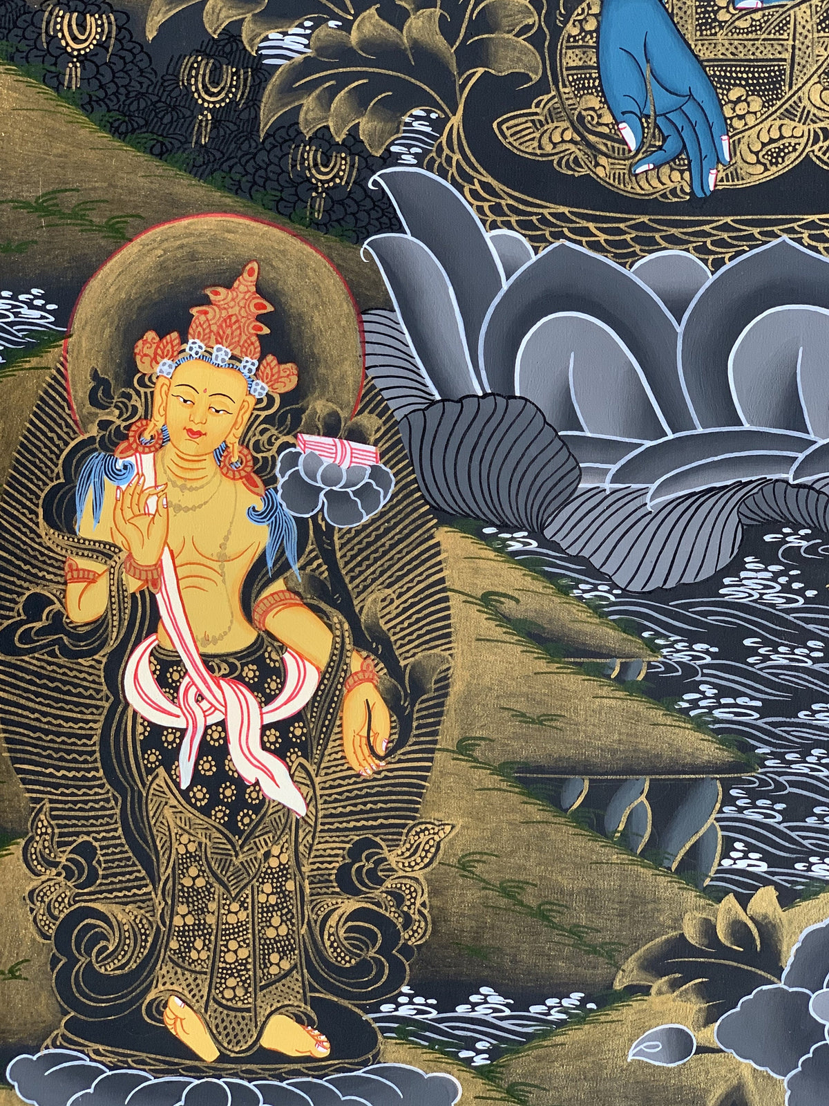 Medicine Buddha Thangka Painting, Master Quality Tibetan Art (21x27 Inches)