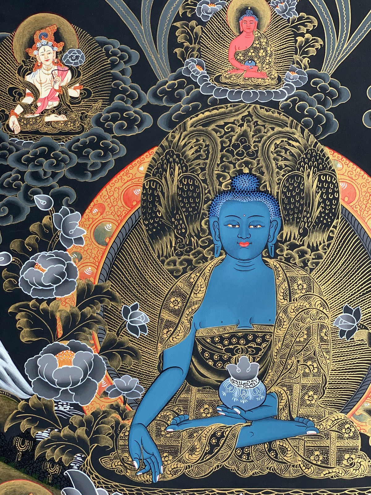 Medicine Buddha Thangka Painting, Master Quality Tibetan Art (21x27 Inches)