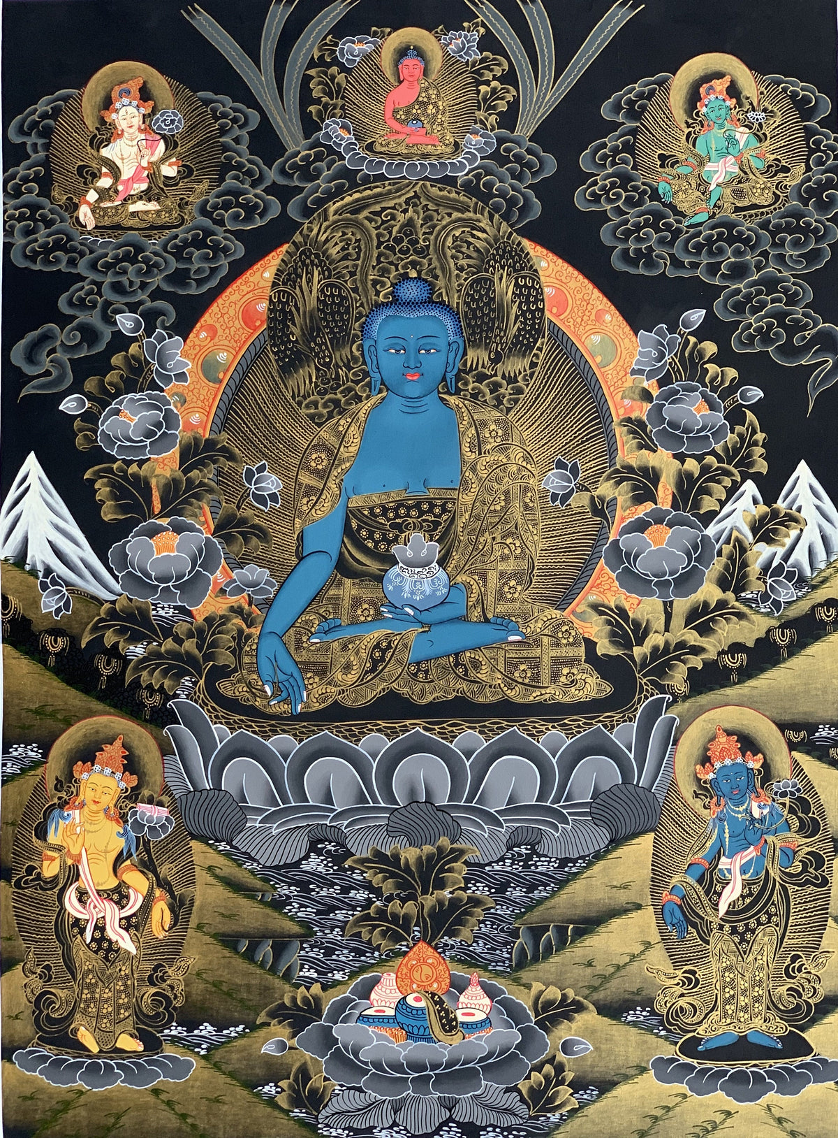 Medicine Buddha Thangka Painting, Master Quality Tibetan Art (21x27 Inches)