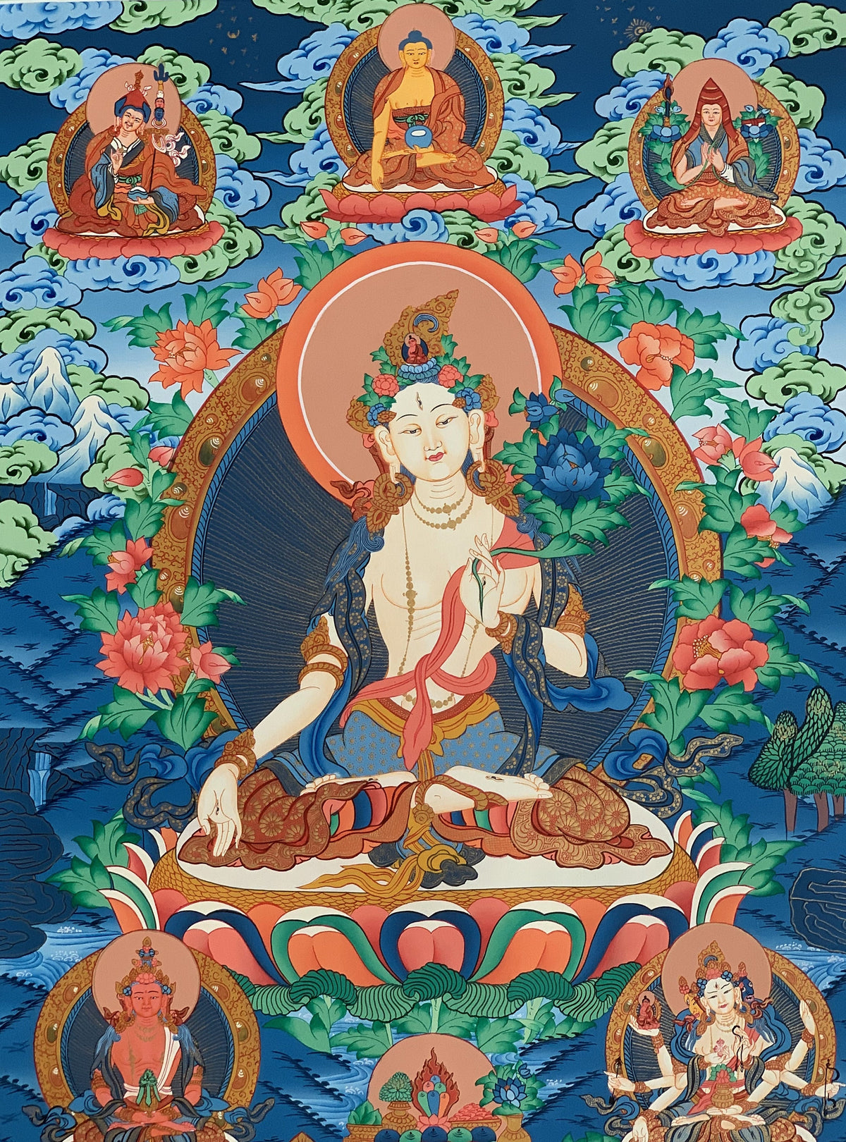 White Tara Thangka Painting, Mother Goddess Art, Hand-Painted Canvas