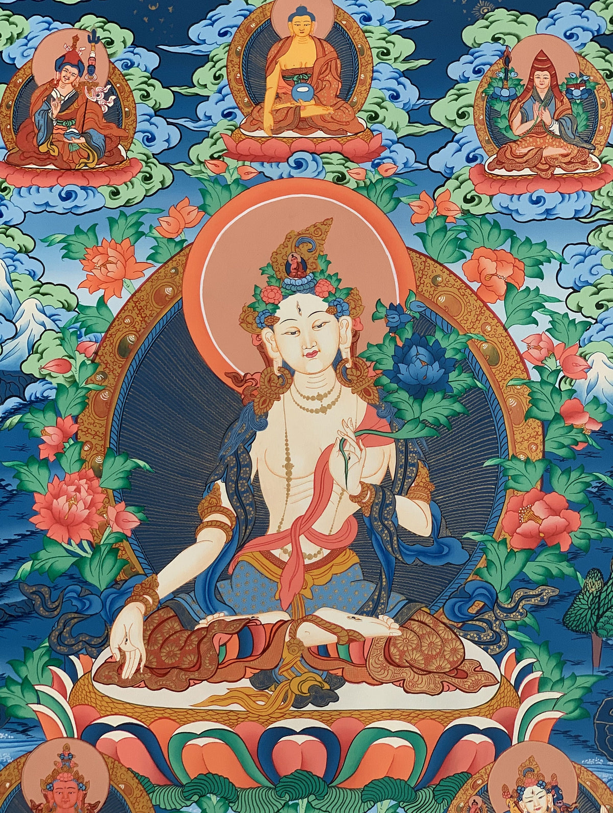White Tara Thangka Painting, Mother Goddess Art, Hand-Painted Canvas