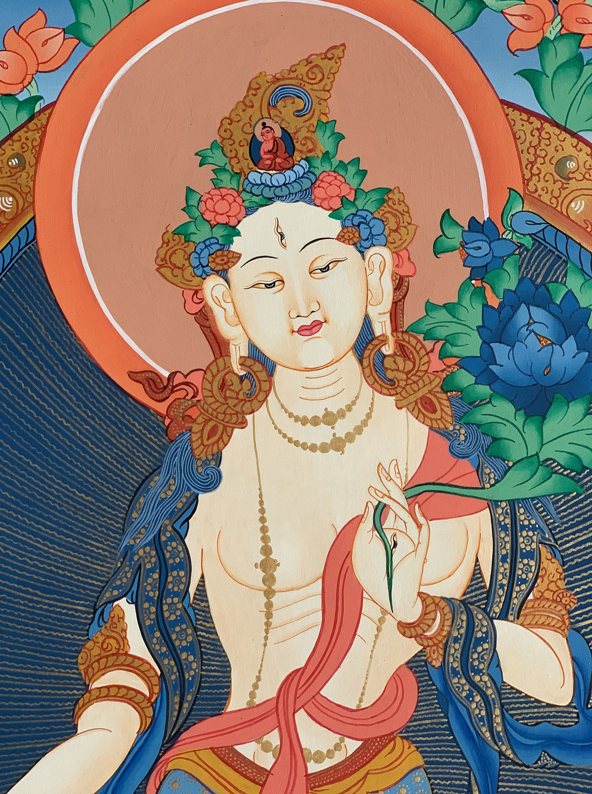 White Tara Thangka Painting, Mother Goddess Art, Hand-Painted Canvas