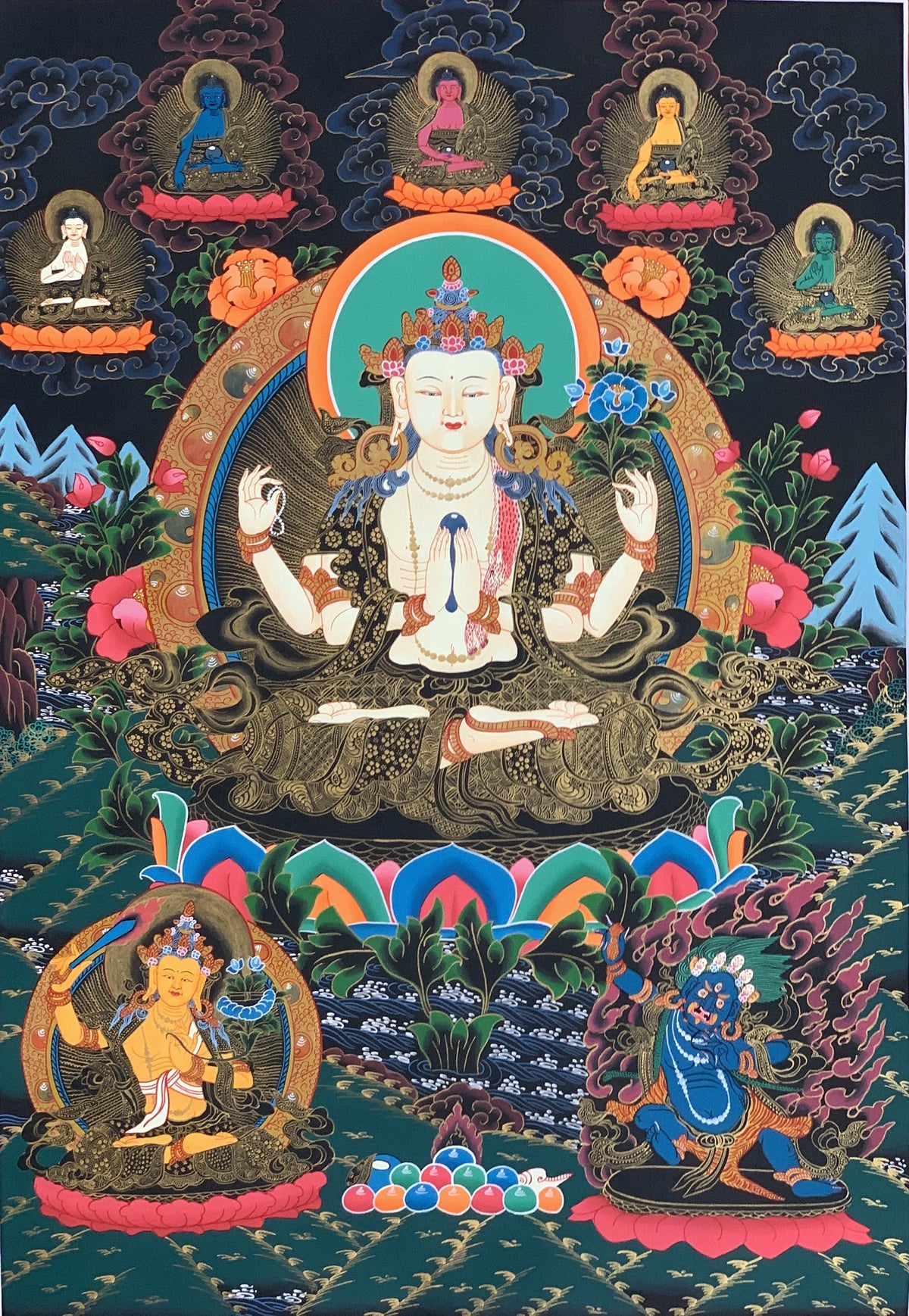 Chenrezig Avalokiteshvara Thangka Painting  Tibetan Meditation Art