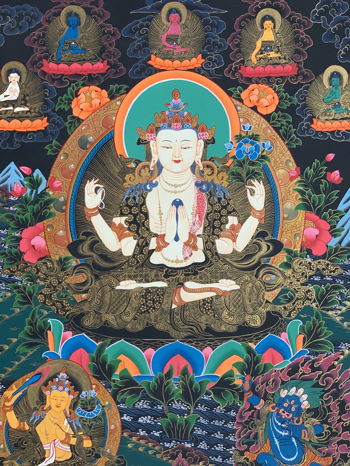 Chenrezig Avalokiteshvara Thangka Painting  Tibetan Meditation Art