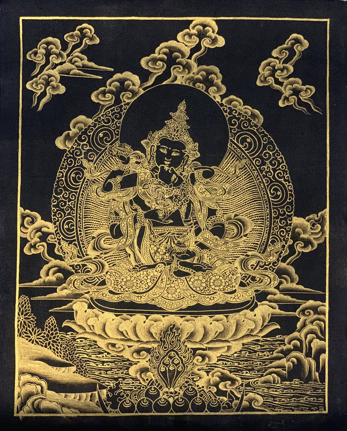 Vajrasattva Shakti Yab Yum Black and Gold Tibetan Thangka Painting Original Art  10 x 13- Inches