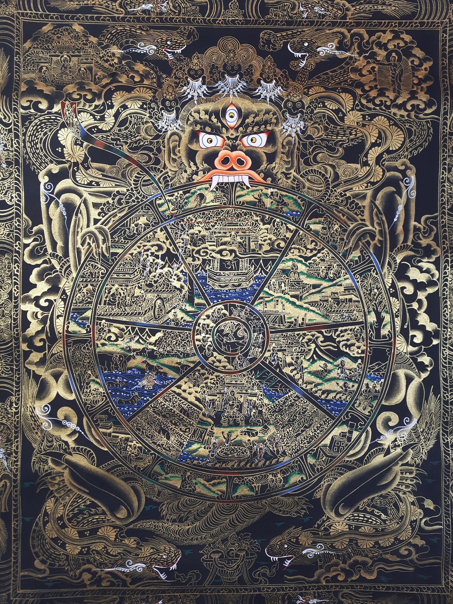 Hand-Painted Wheel of Life Mandala Thangka – Tibetan Buddhist Wall Hanging