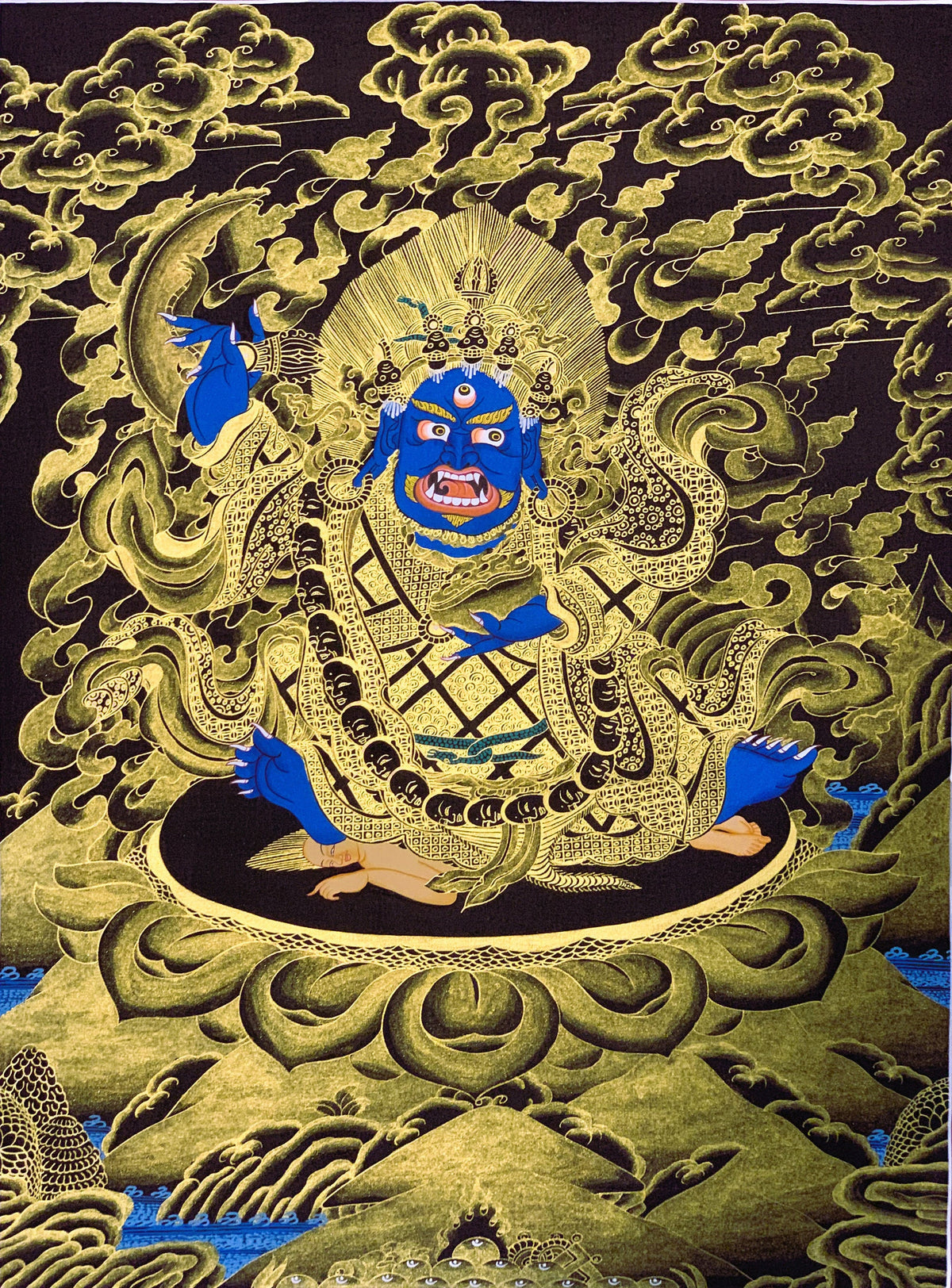 2-Armed  Semi Wrathful Mahakala/ Kalabhairava Master Quality Original Tibetan Thangka Painting Hand Painted Buddhist Art  18 x 24 -Inches