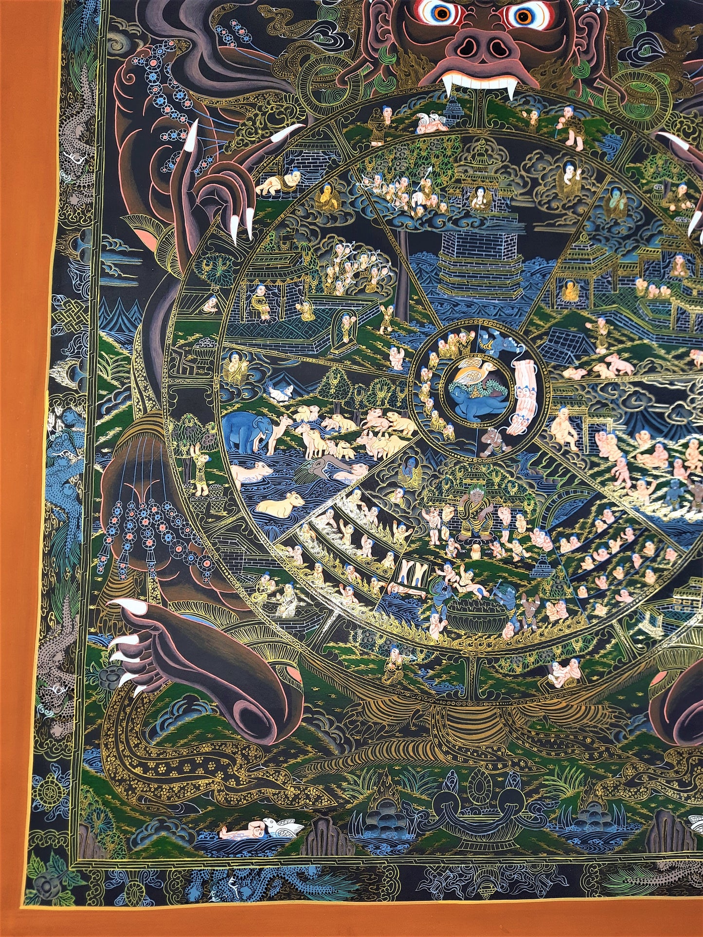 Hand-Painted Wheel of Life Thangka, 24k Gold Tibetan Mandala