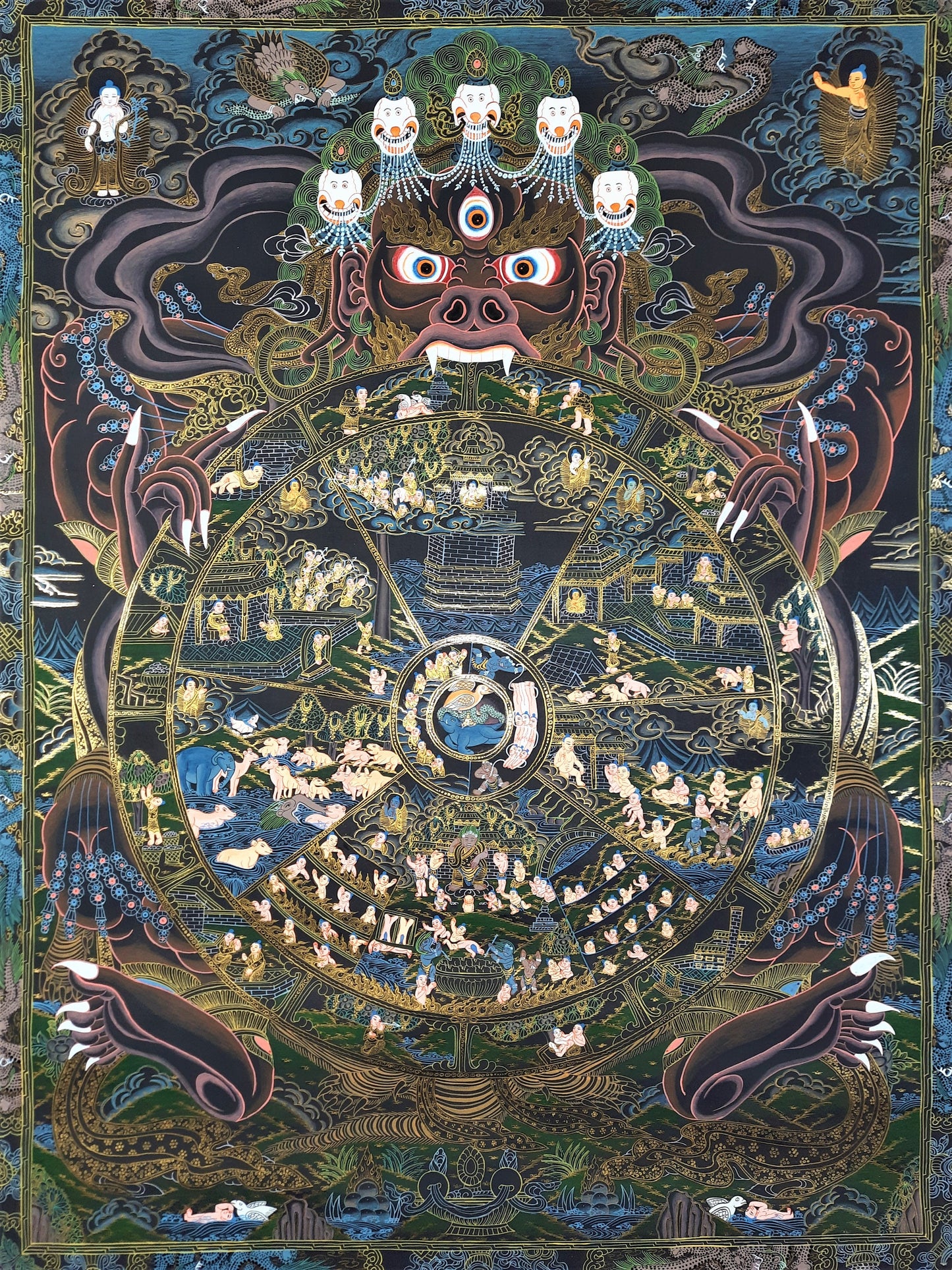 Hand-Painted Wheel of Life Thangka, 24k Gold Tibetan Mandala