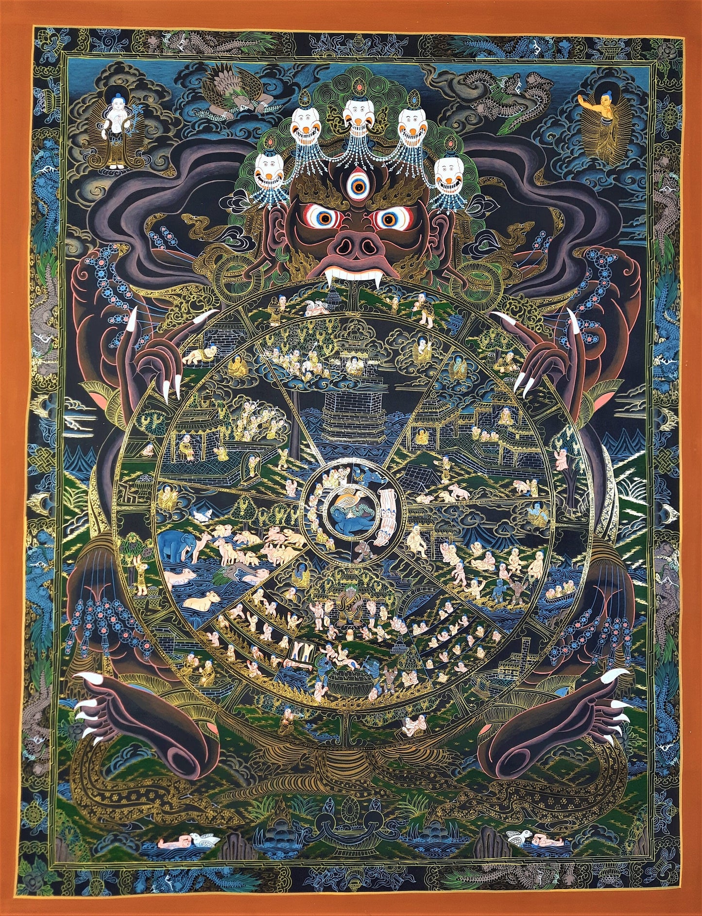 Hand-Painted Wheel of Life Thangka, 24k Gold Tibetan Mandala