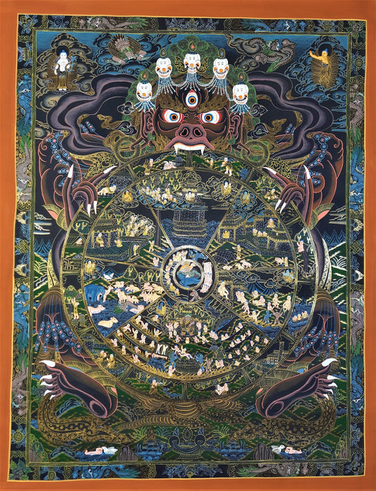Hand-Painted Wheel of Life Thangka, 24k Gold Tibetan Mandala