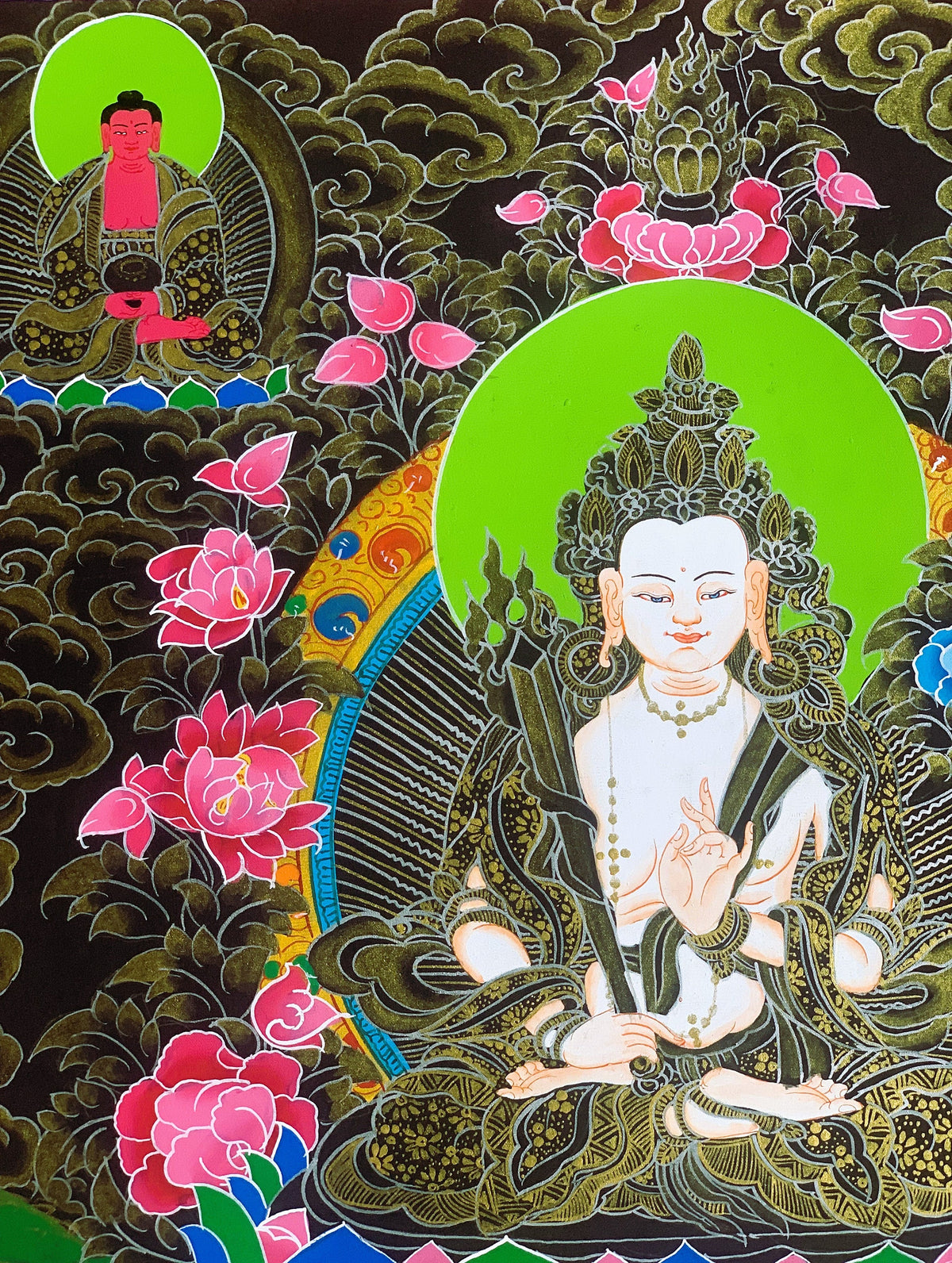 Hand-Painted White Manjushri Tibetan Thangka Painting  Meditation Art (17 x 24 Inch)