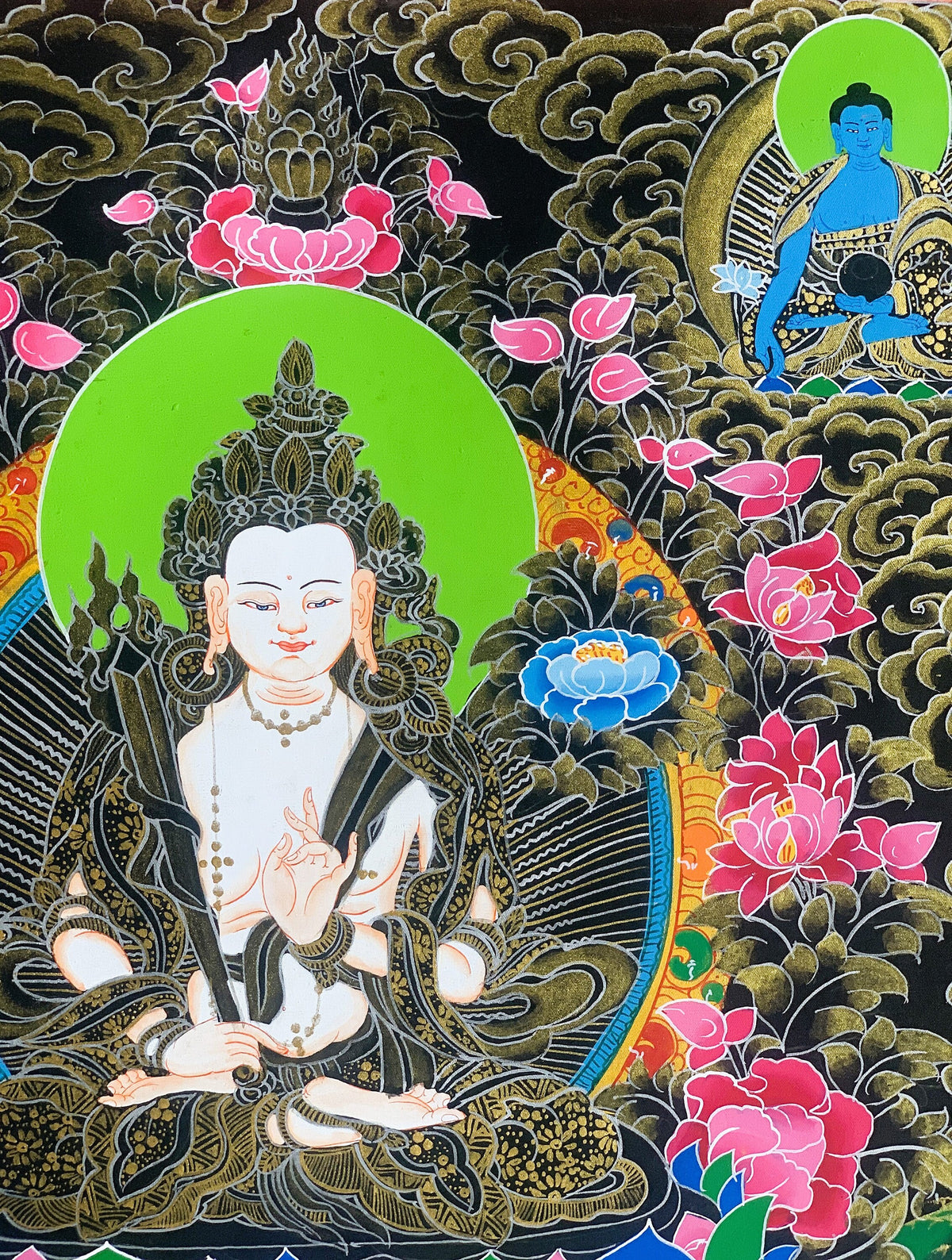 Hand-Painted White Manjushri Tibetan Thangka Painting  Meditation Art (17 x 24 Inch)