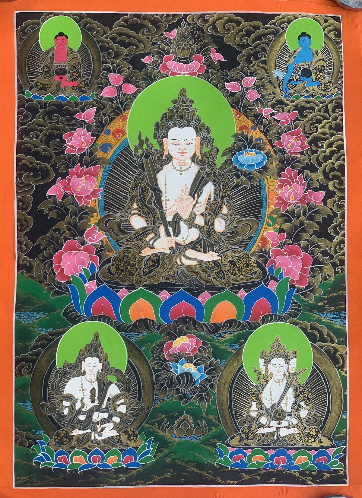 Hand-Painted White Manjushri Tibetan Thangka Painting  Meditation Art (17 x 24 Inch)