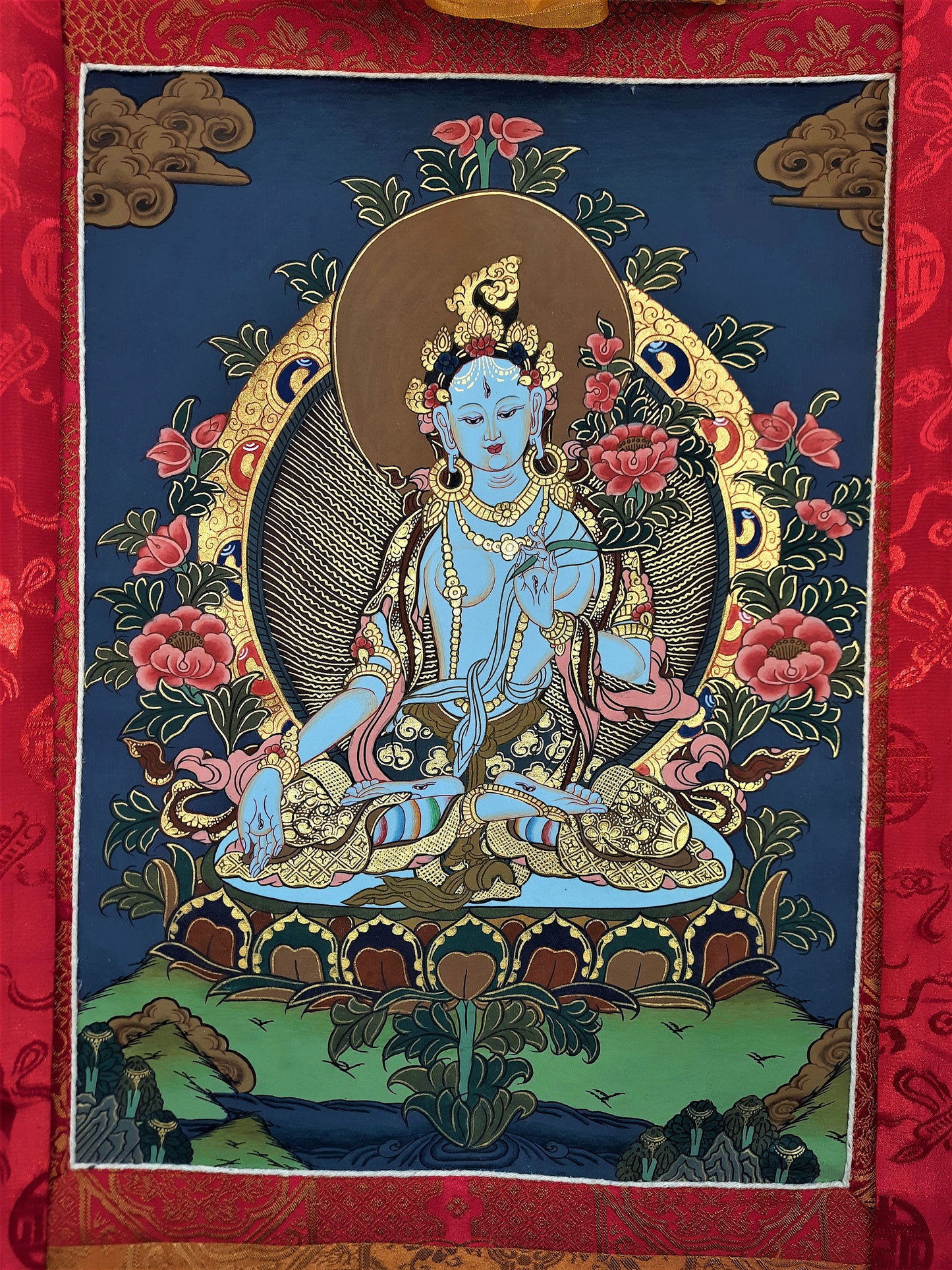White Tara Thangka Painting, Hand Painted Tibetan Art with Silk Frame