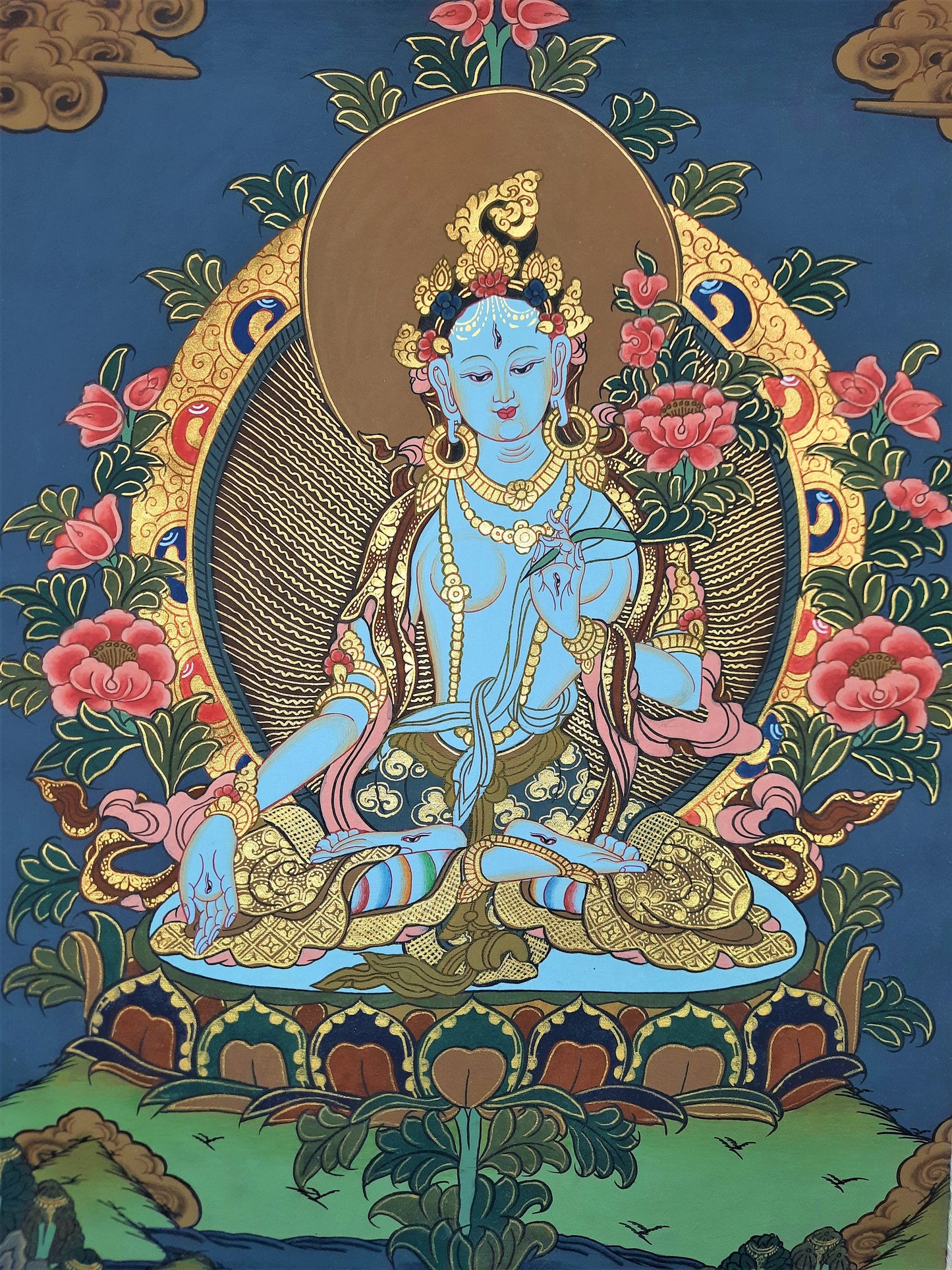 White Tara Thangka Painting, Hand Painted Tibetan Art with Silk Frame