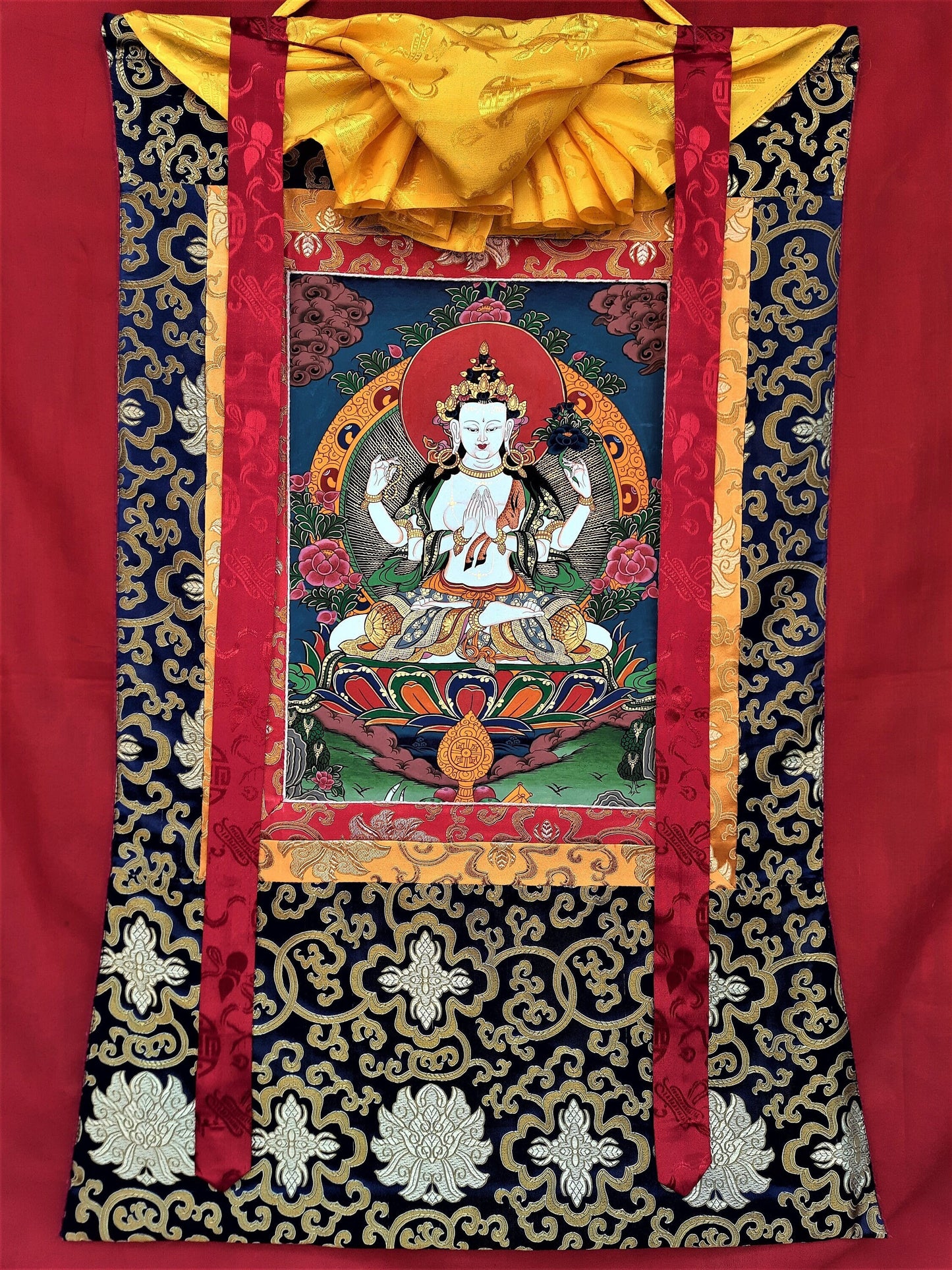 Hand-Painted Chenrezig Thangka: Compassion Buddha, Tibetan Wall Hanging