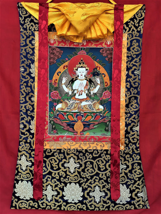 Hand-Painted Chenrezig Thangka: Compassion Buddha, Tibetan Wall Hanging