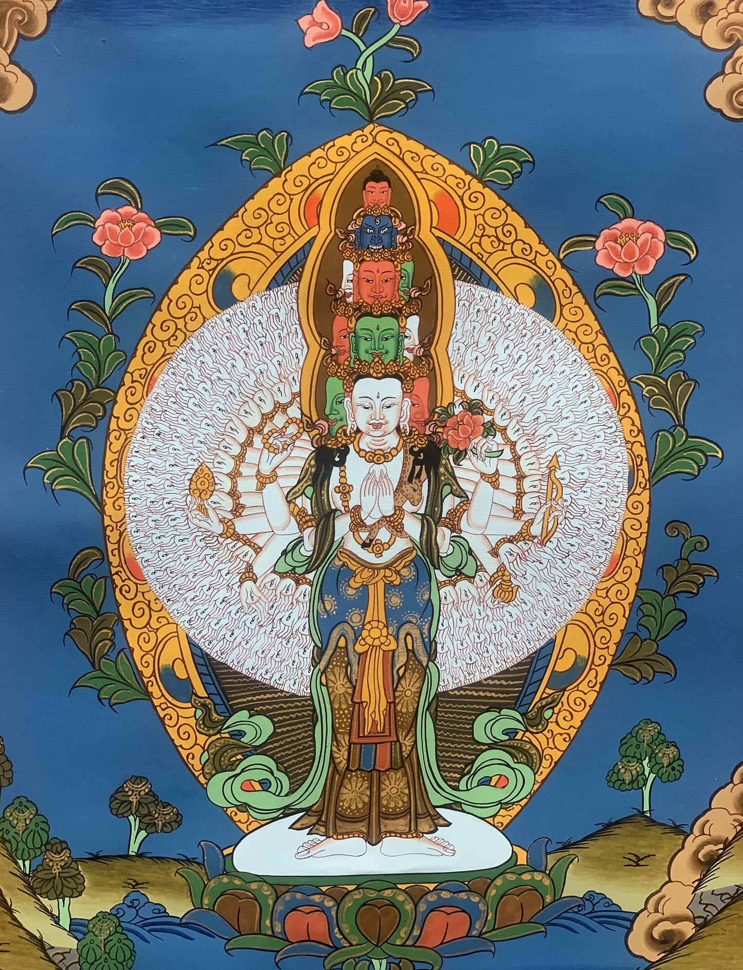 Original Hand-painted 1000 Armed Sahasrabhuja Avalokiteshvara Lokeshvara Chenrezig Tibetan Thangka Painting  with Silk Brocade